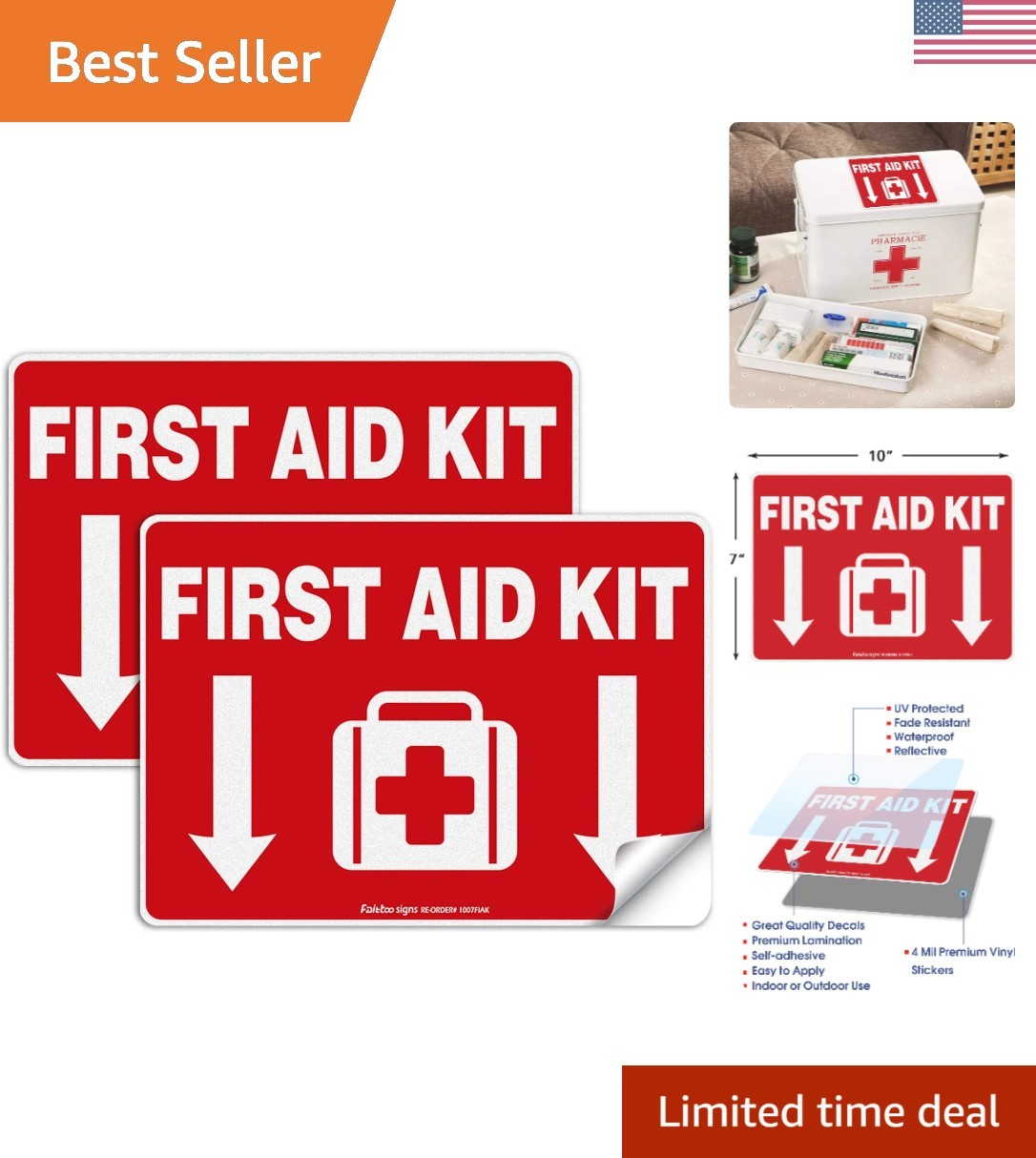 Durable Waterproof First Aid Kit Decals – 10×7 Inches, Easy to Install, 2 Pack