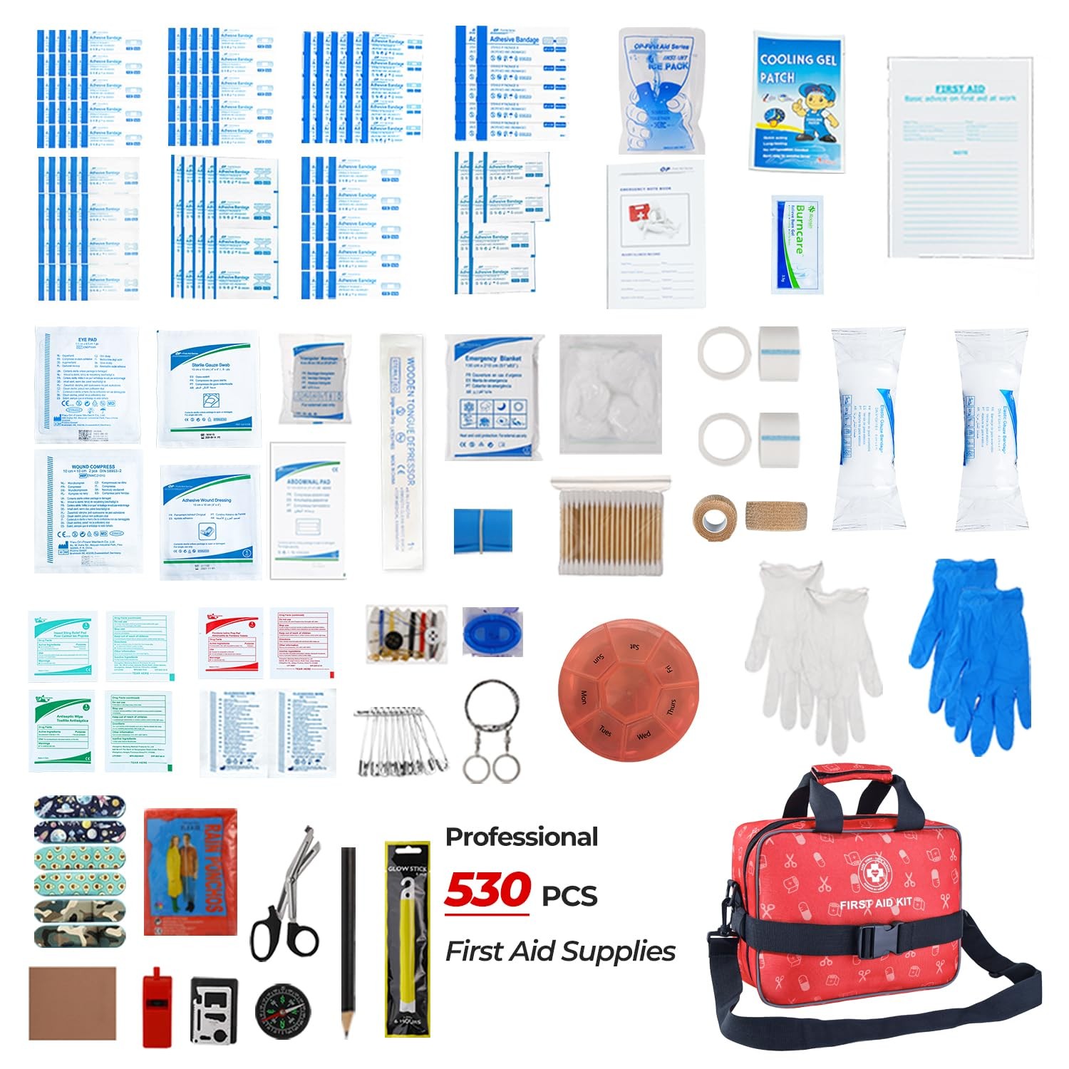 All-in-One Premium 530 Piece Emergency First Aid Kit, Large 530 Piece, Red