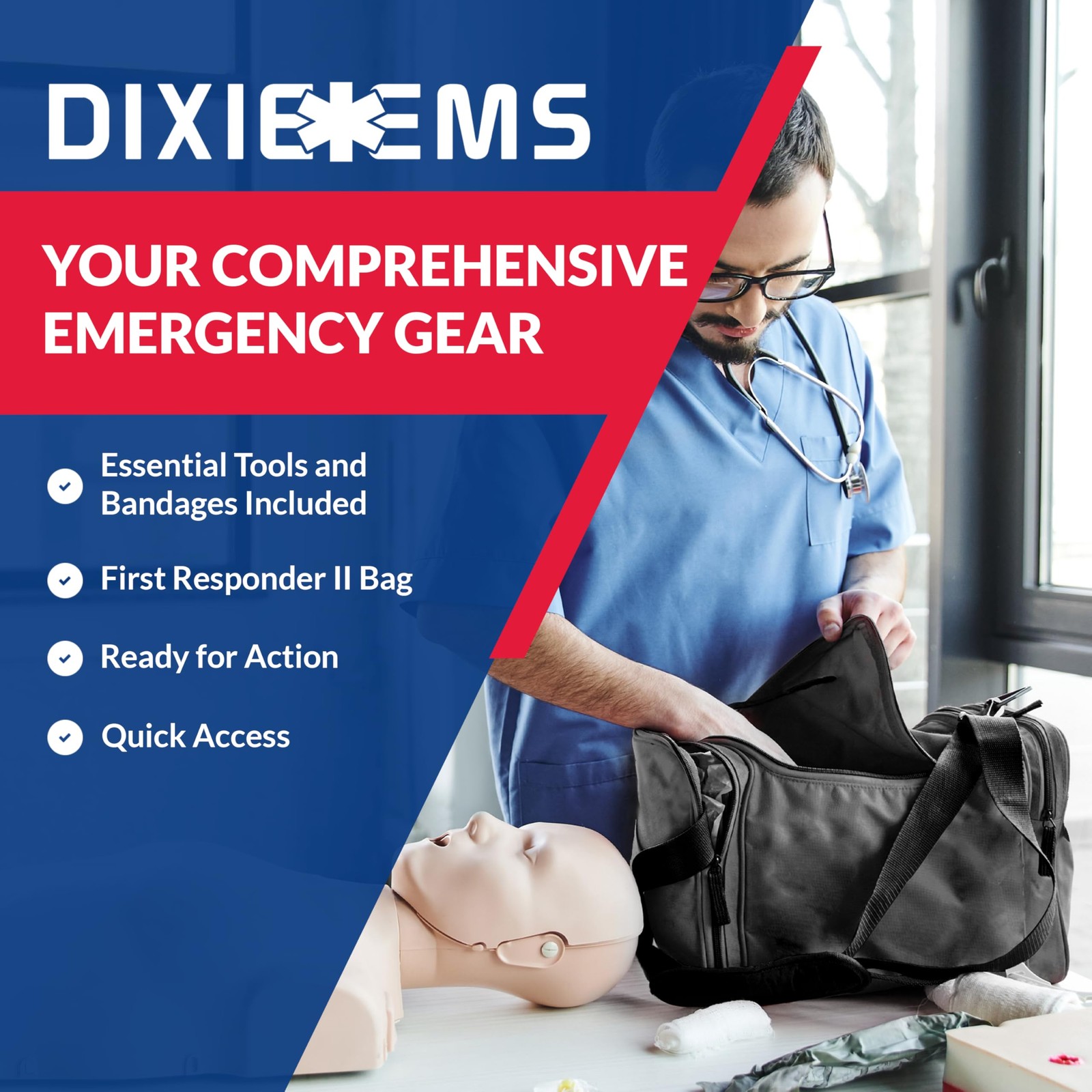 Fully Stocked Trauma First Aid Kit – First Responder II Bag with Tools, Gauze…