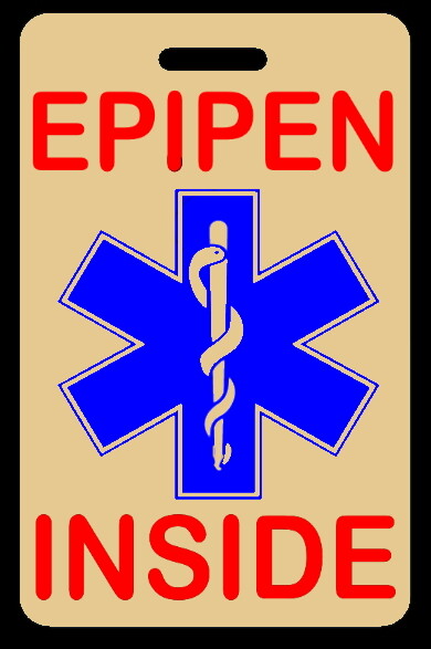Personalized EPIPEN INSIDE Lo-Viz Tan Blue Luggage/Bag Tag