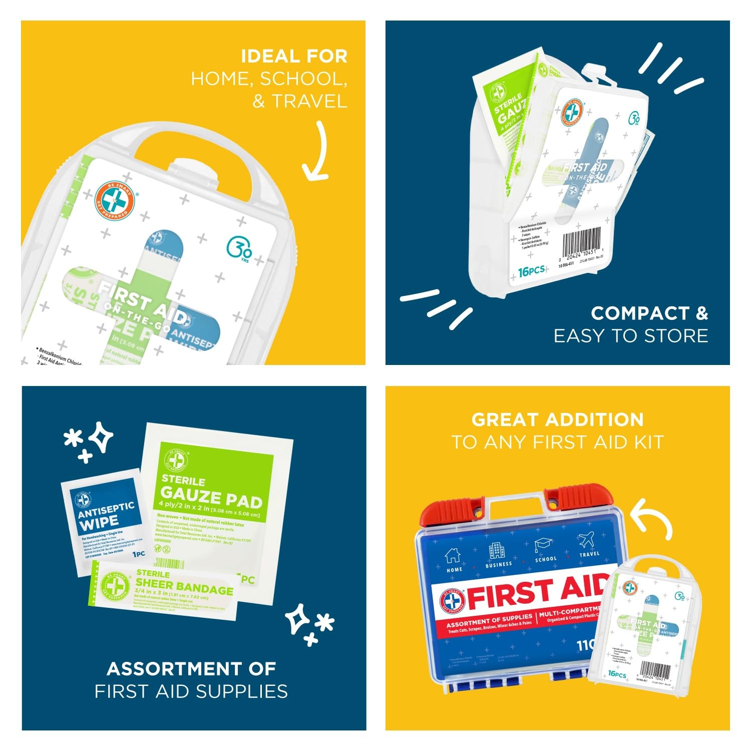 Be Smart Get Prepared Compact First Aid Kit, FSA/ 16 Count (Pack of 1), White