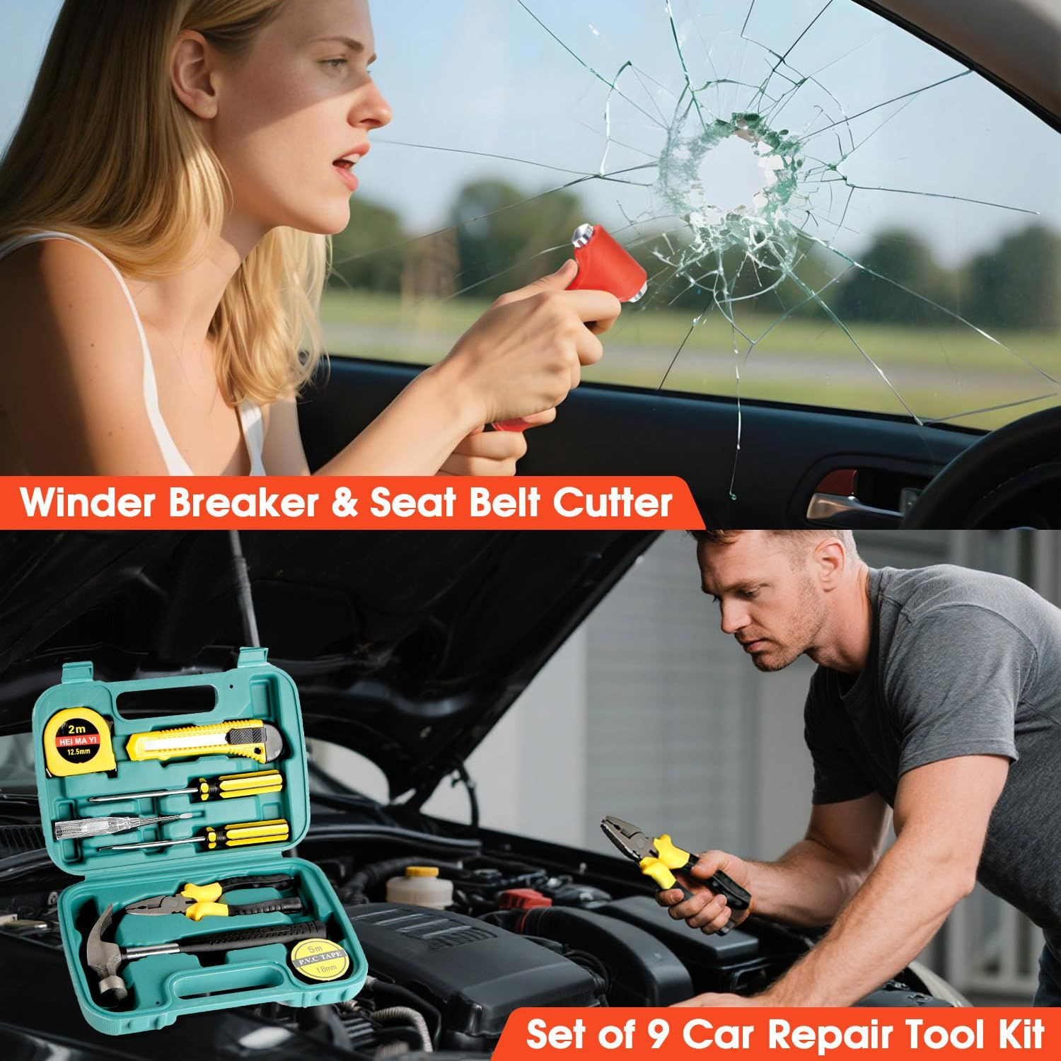 Car Emergency Roadside Tool Kit with Jumper Cable Black Red Accents