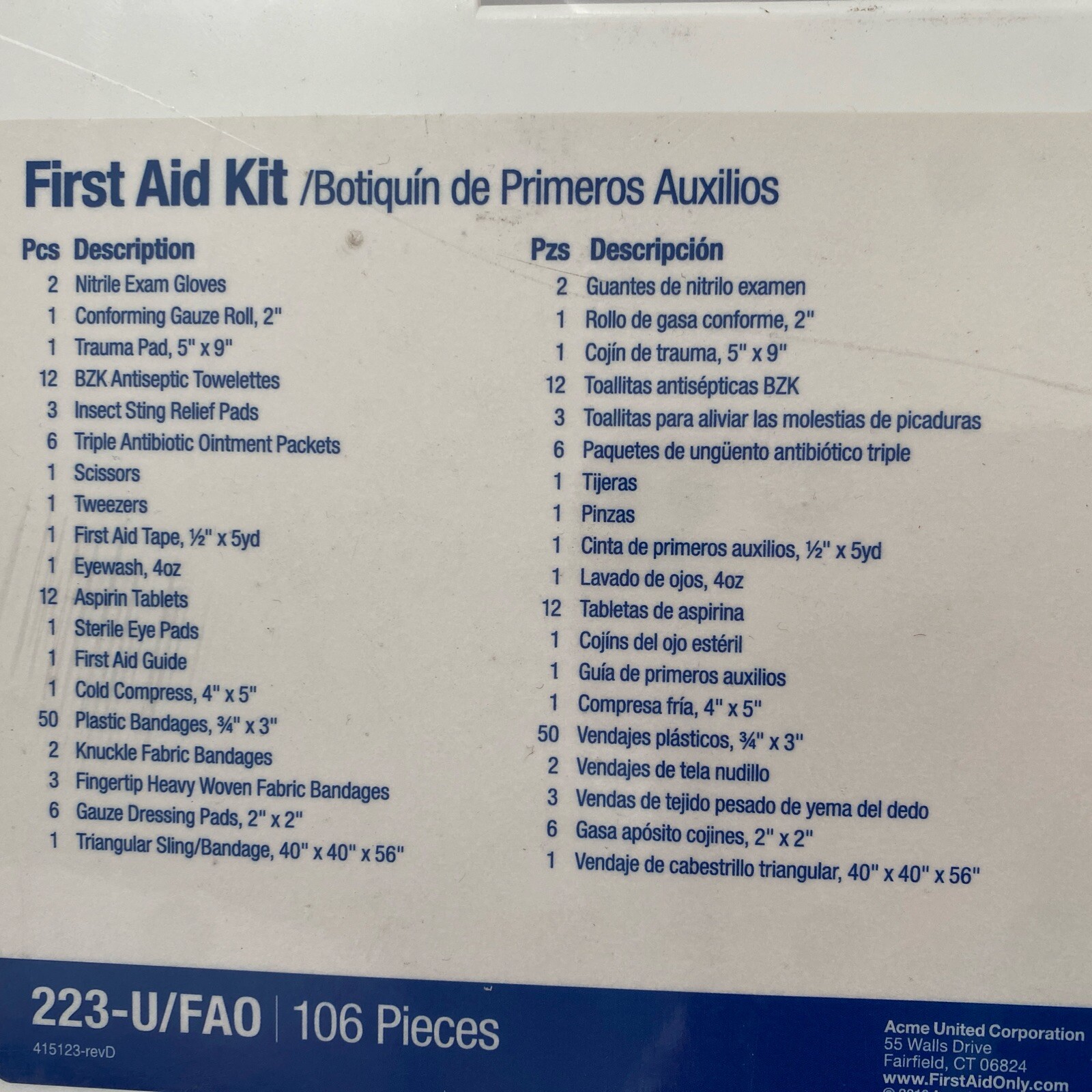 First Aid Kit 106pcs For 25 Person , 223-U/FAO , Sealed by Plastic