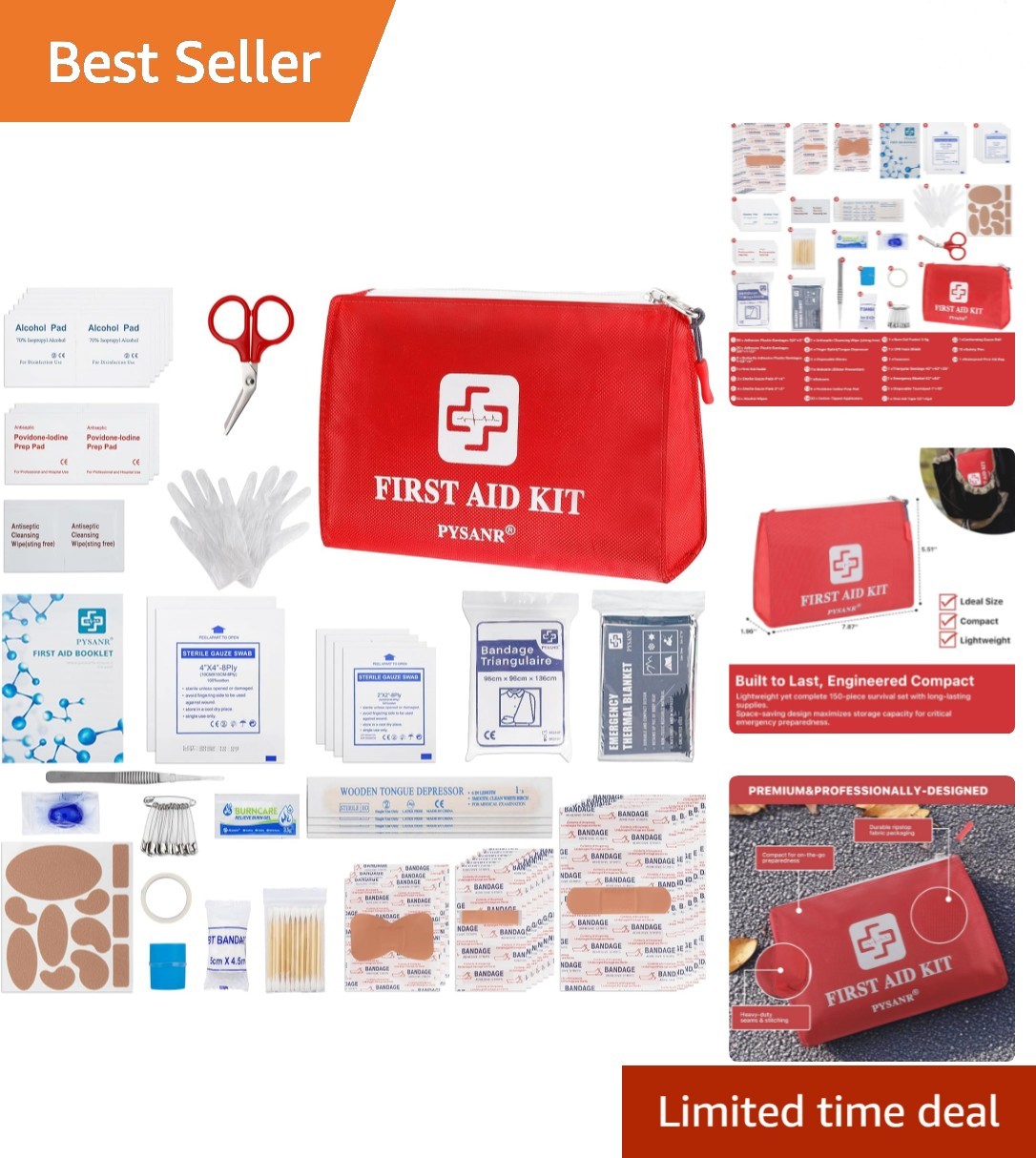 Emergency First Aid Kit – 150 Pieces Include Scissors & Foil Blanket, Portable