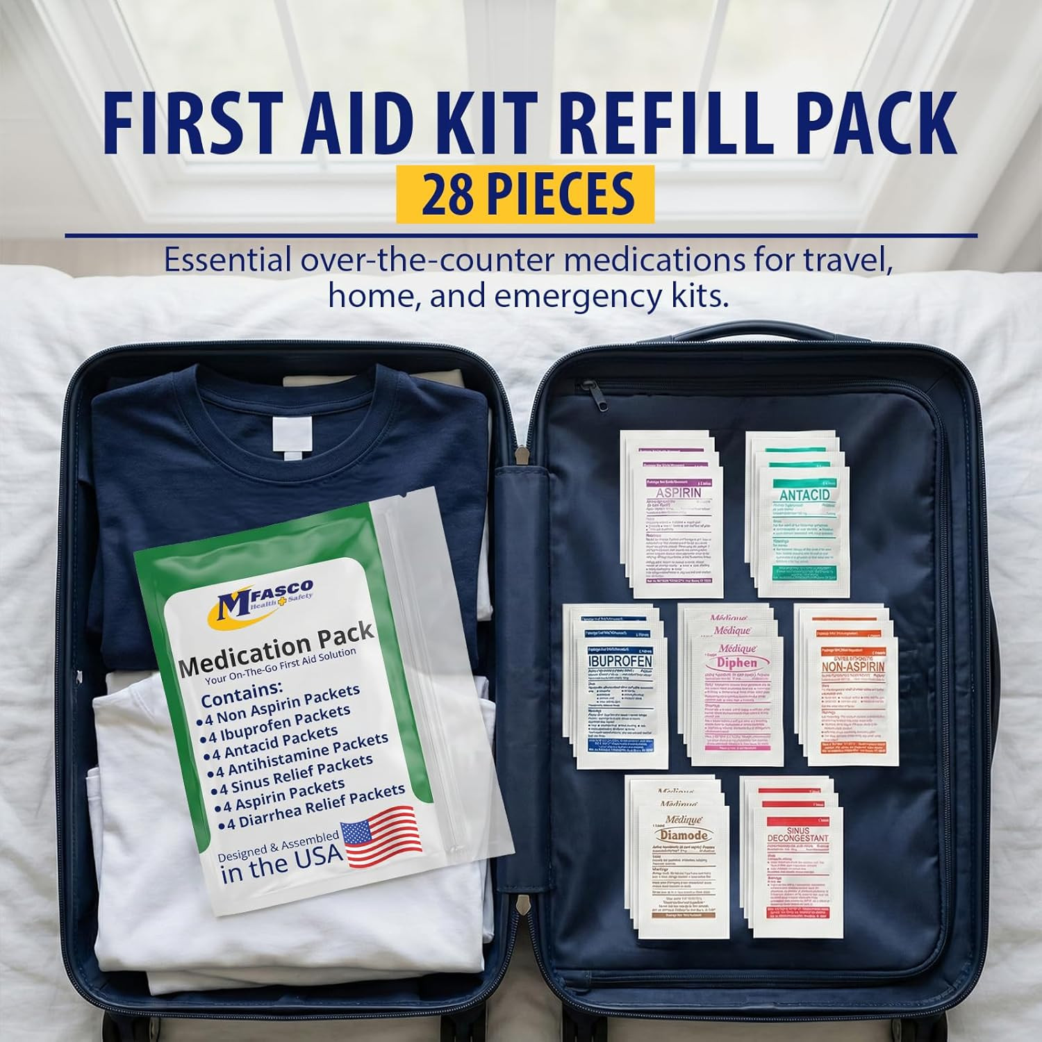 MFASCO – 7 in 1 – Travel Size Medicine Kit – TSA Approved | 28 First Aid Emergen