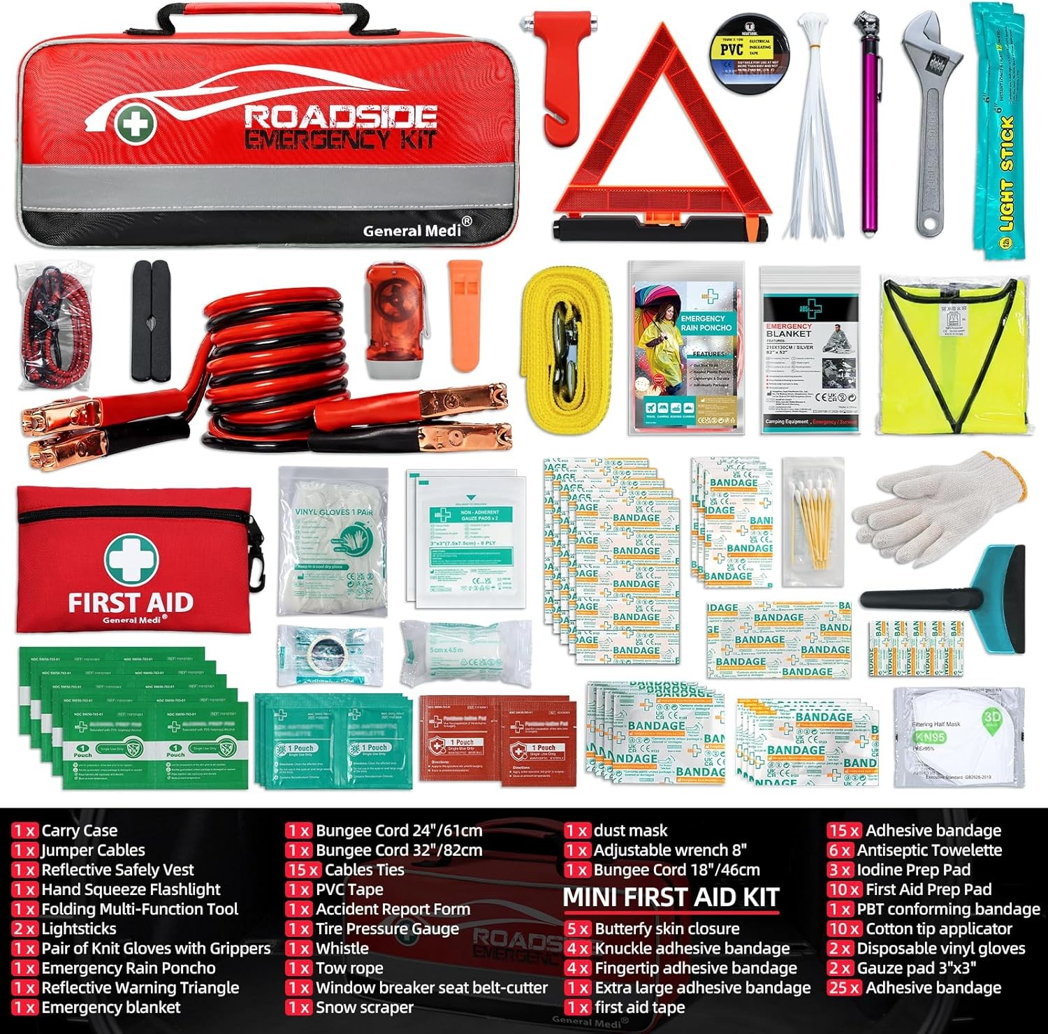 General Medi 127-Pieces Roadside Car Emergency Kit Include Mini First Aid Kit, J