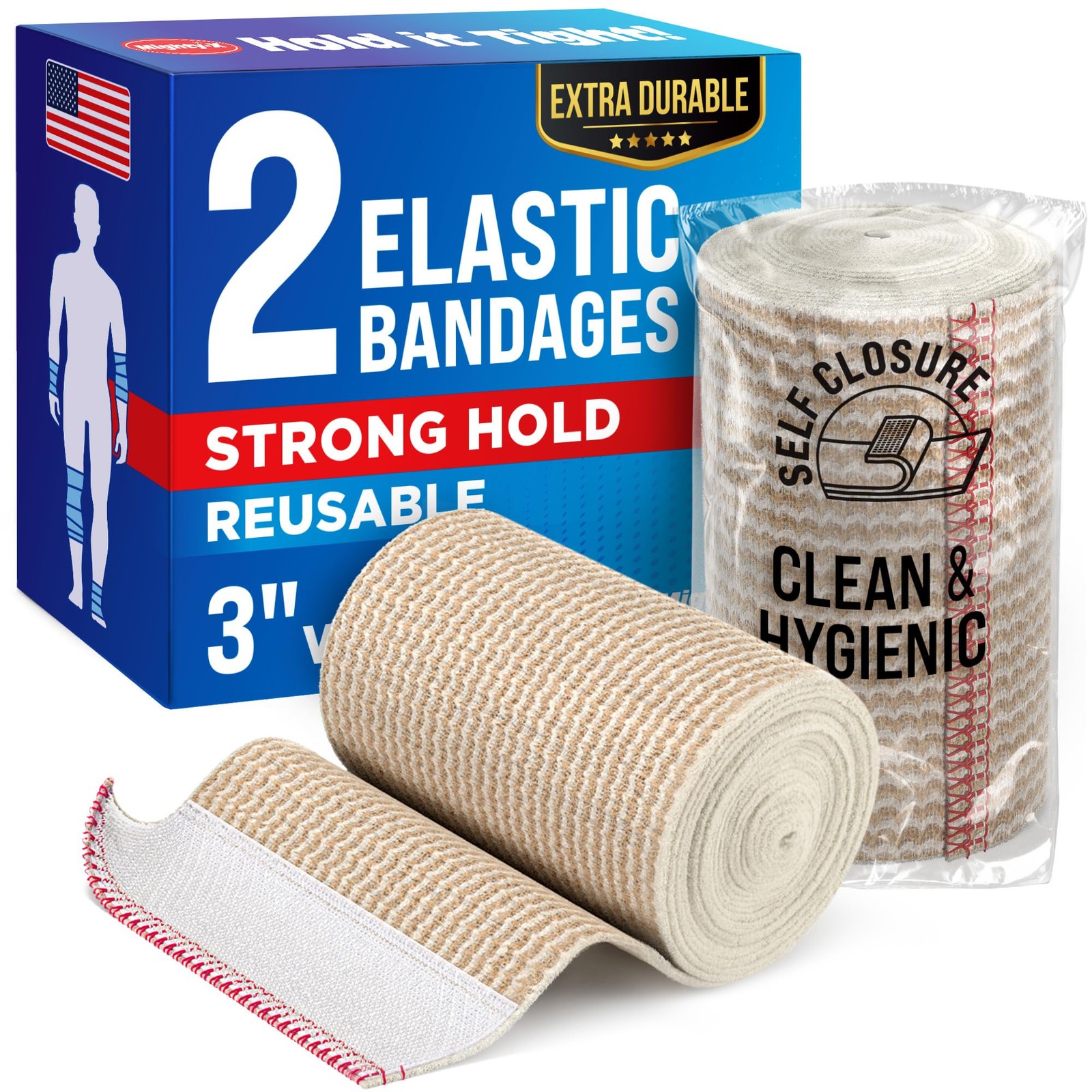 Premium Elastic Bandage Wrap – 3” (2pk) – Strong Compression – 2 Pack, Beige