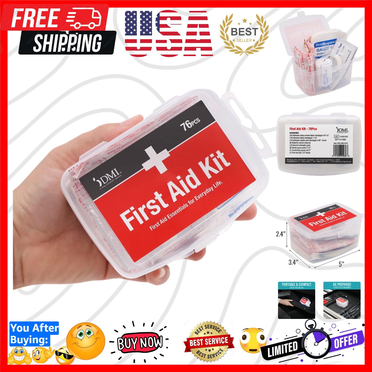 76-Piece Portable First Aid Kit – All-Purpose & Travel-Ready – Water-Resistant