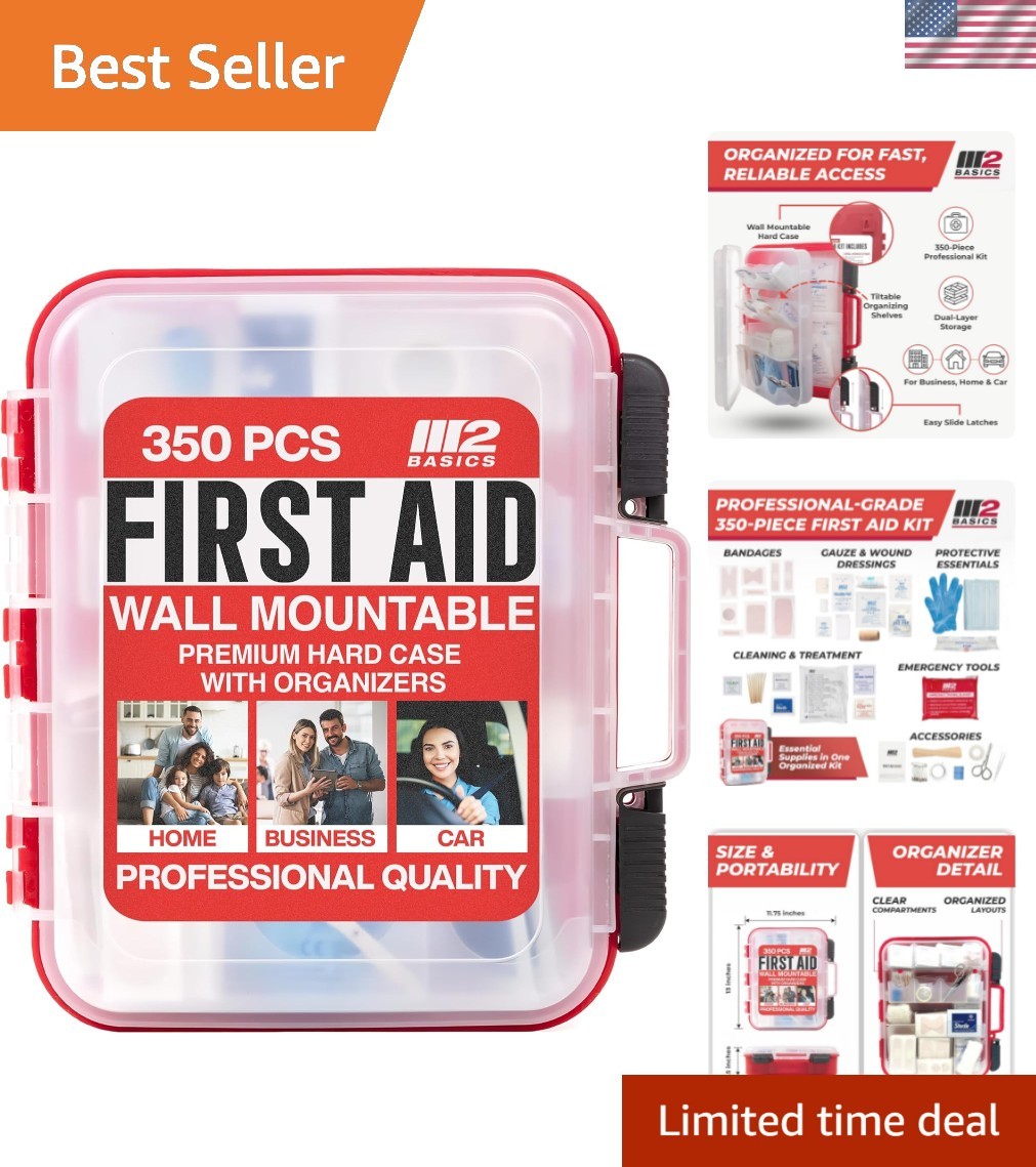 Complete 350-Piece Medical Emergency Kit with Wall Mount Hard Case & Easy Access