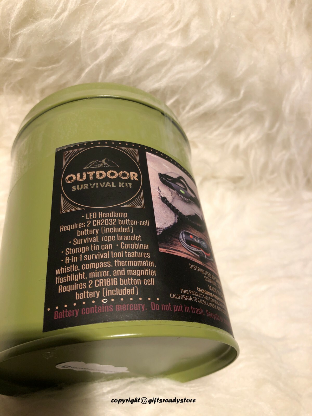 NIB OUTDOOR MINI SURVIVAL KIT SET (LED HEADLAMP,ROPE BRACLET,6 IN 1 TOOLS,TIN)