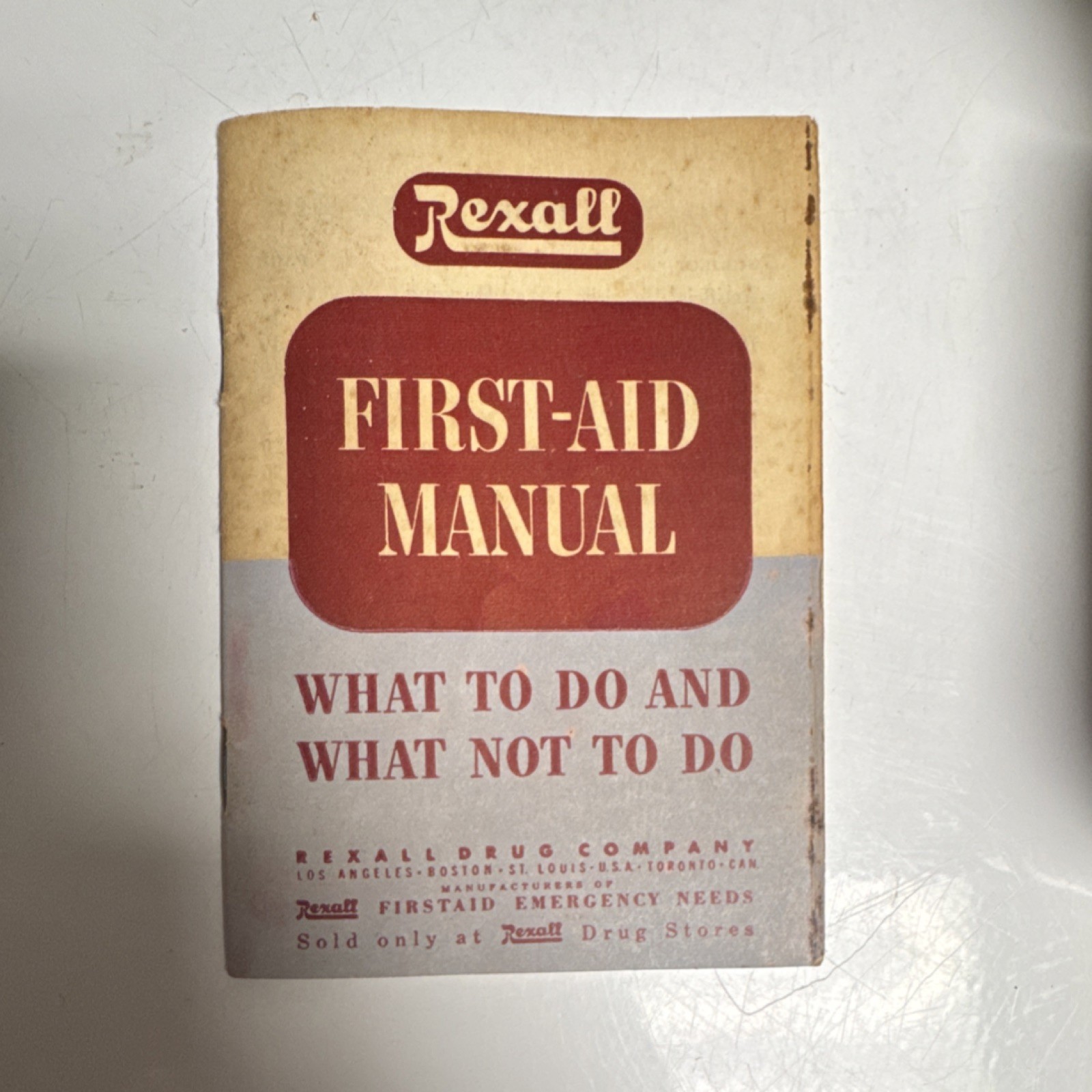 Vintage Rexall W 505 First Aid Set Red Portable Kit with Manual, Pads, Bandage