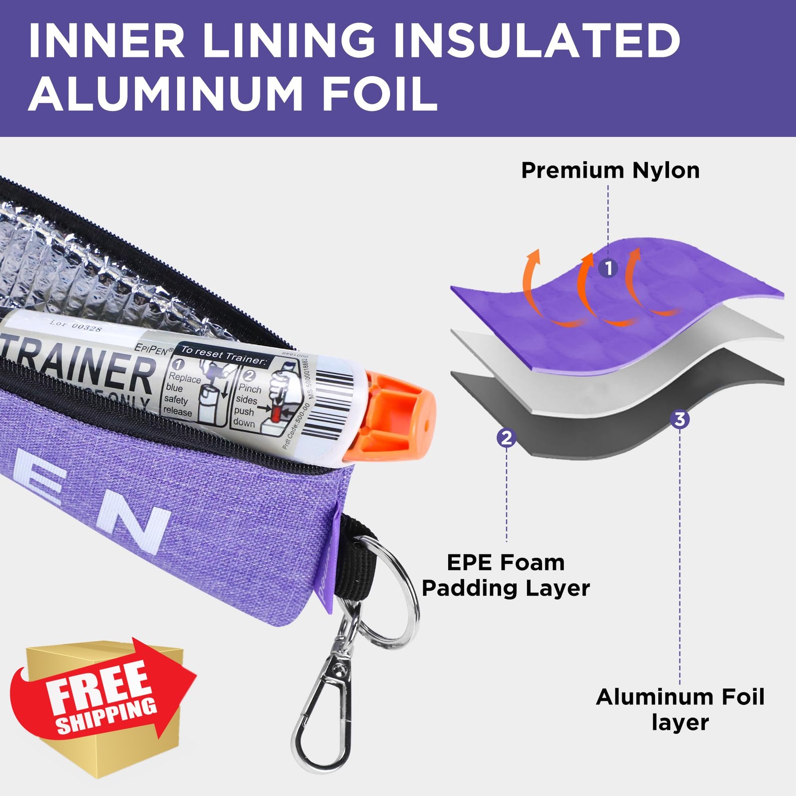 EpiPen Carry Case Insulated Purple Medical Bag Travel Holder 2 Pcs