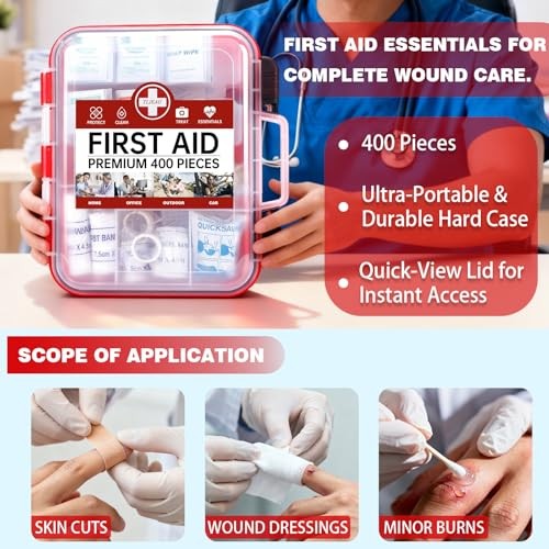 400 Pieces All-Purpose First Aid Kit – Organized Dual-Layer Wall –