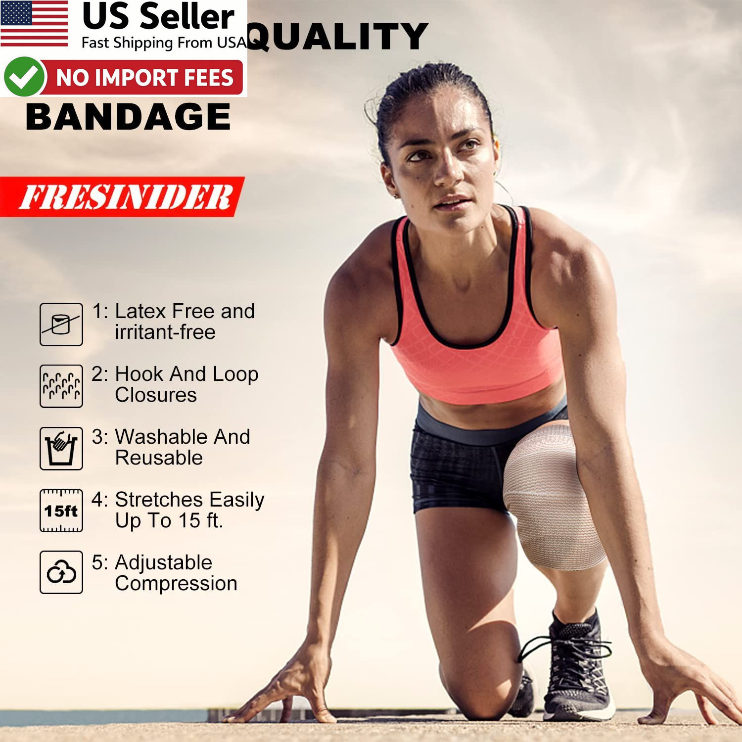 FRESINIDER 6" Elastic Bandage Wrap 4 Pack Cotton Compression Touch Close FROM US