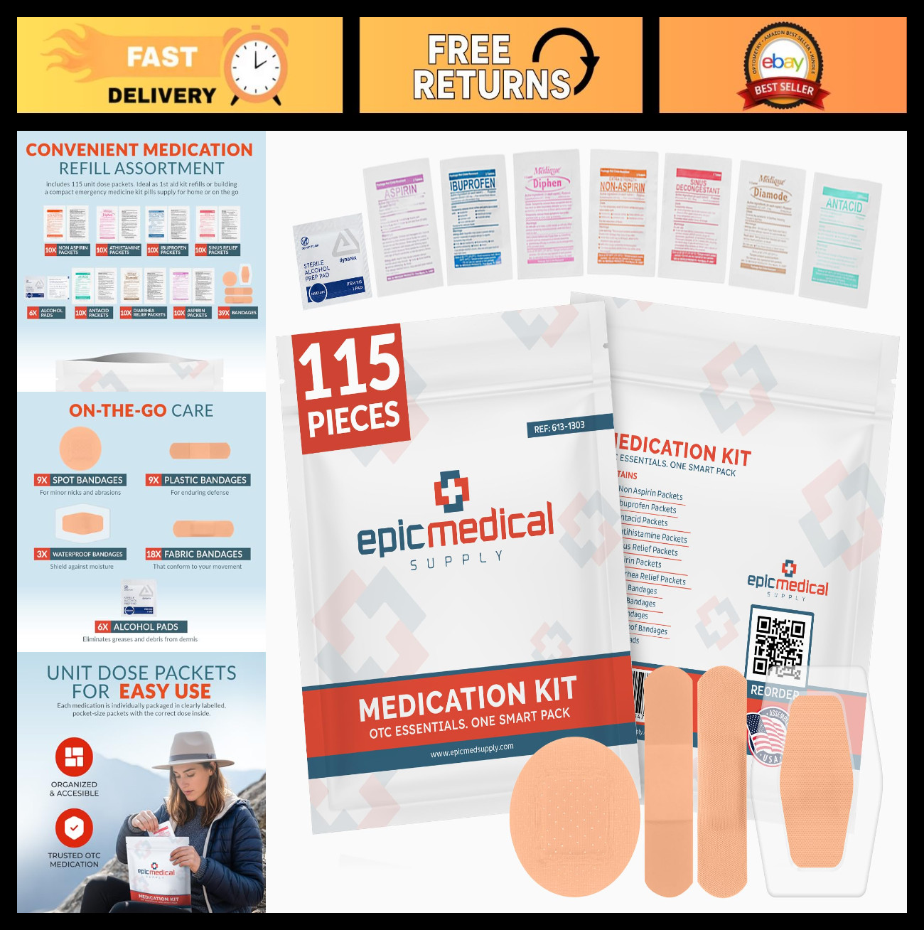 Comprehensive First Aid Kit Refill – 115 Unit Dose Packets, Alcohol Pads, Bandag