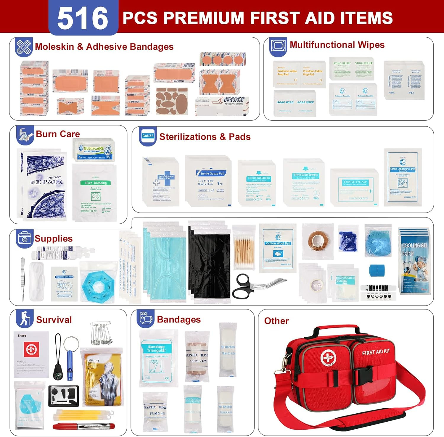 Large 516-Piece Waterproof First Aid Kit for Car, Travel & Home