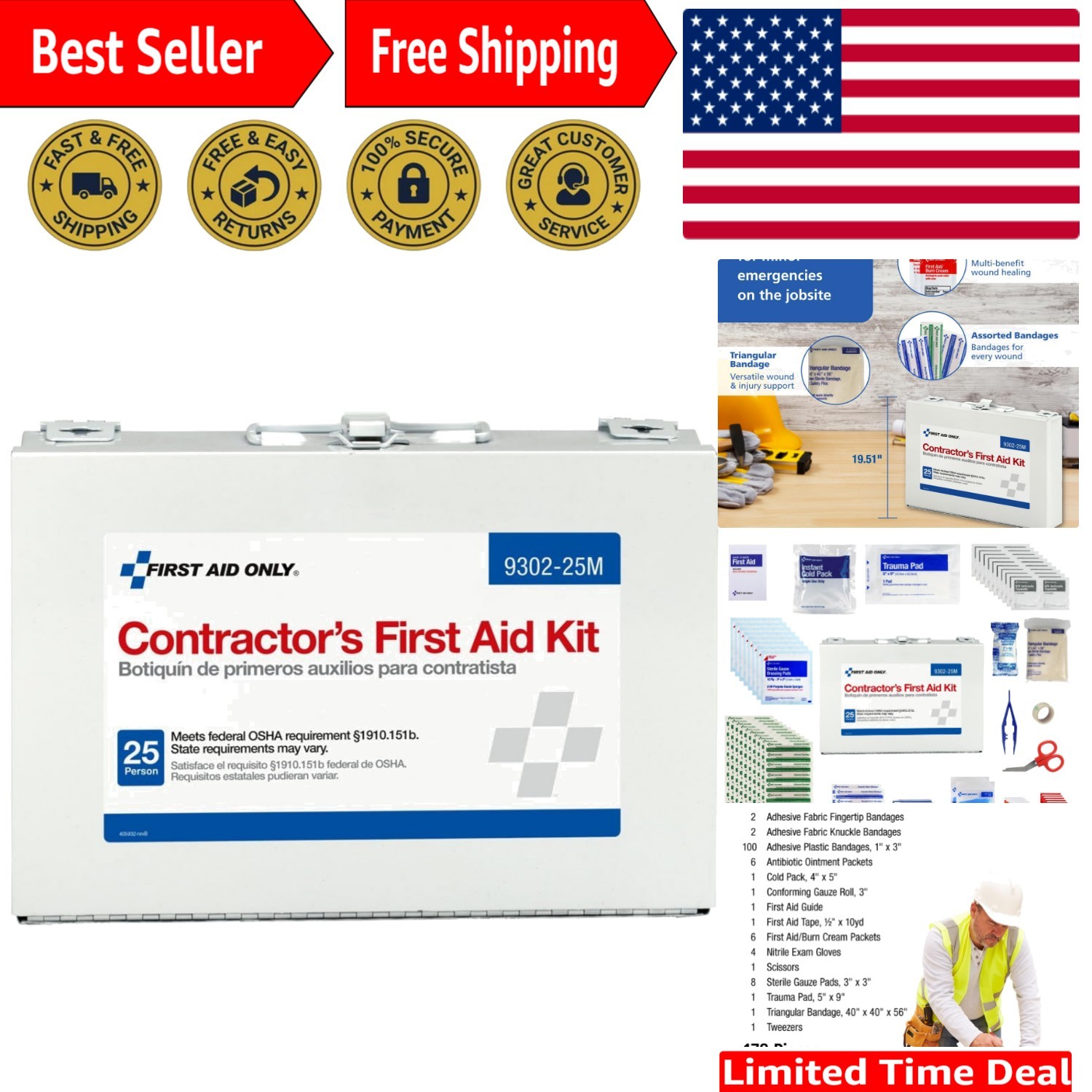 Portable 178-Piece Construction First Aid Kit – Ideal for Job Sites & Home Use