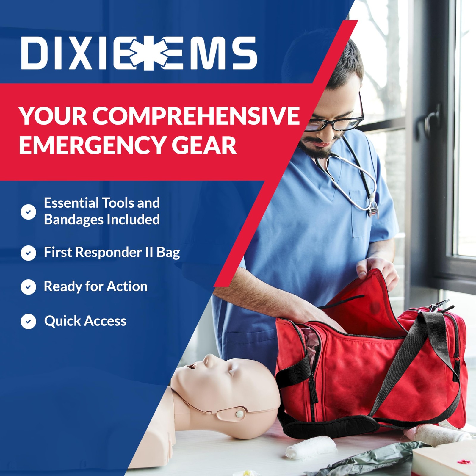 Fully Stocked Trauma First Aid Kit – First Responder II Bag with Tools, Gauze…