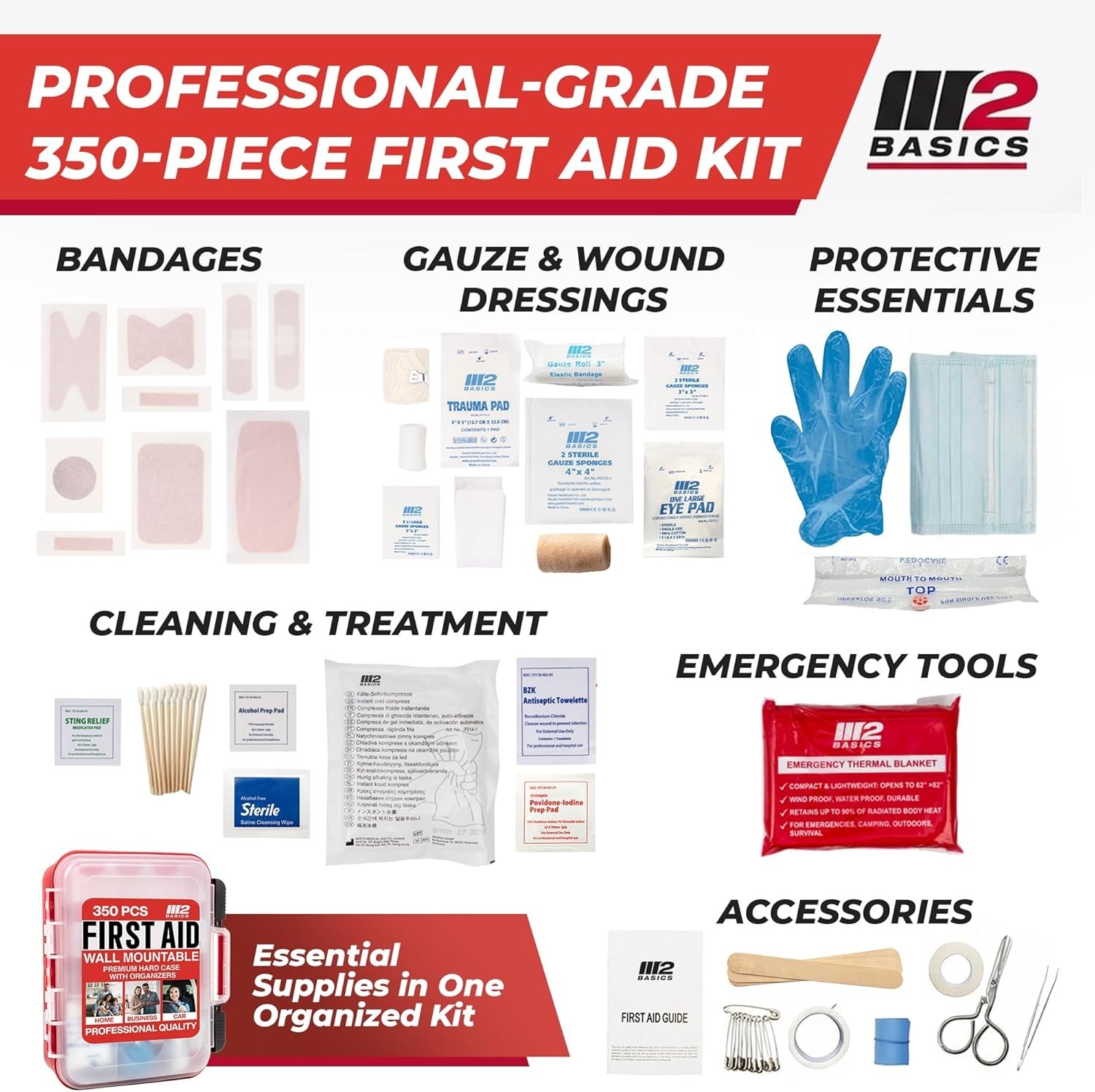 Complete 350-Piece Medical Emergency Kit with Wall Mount Hard Case & Easy Access