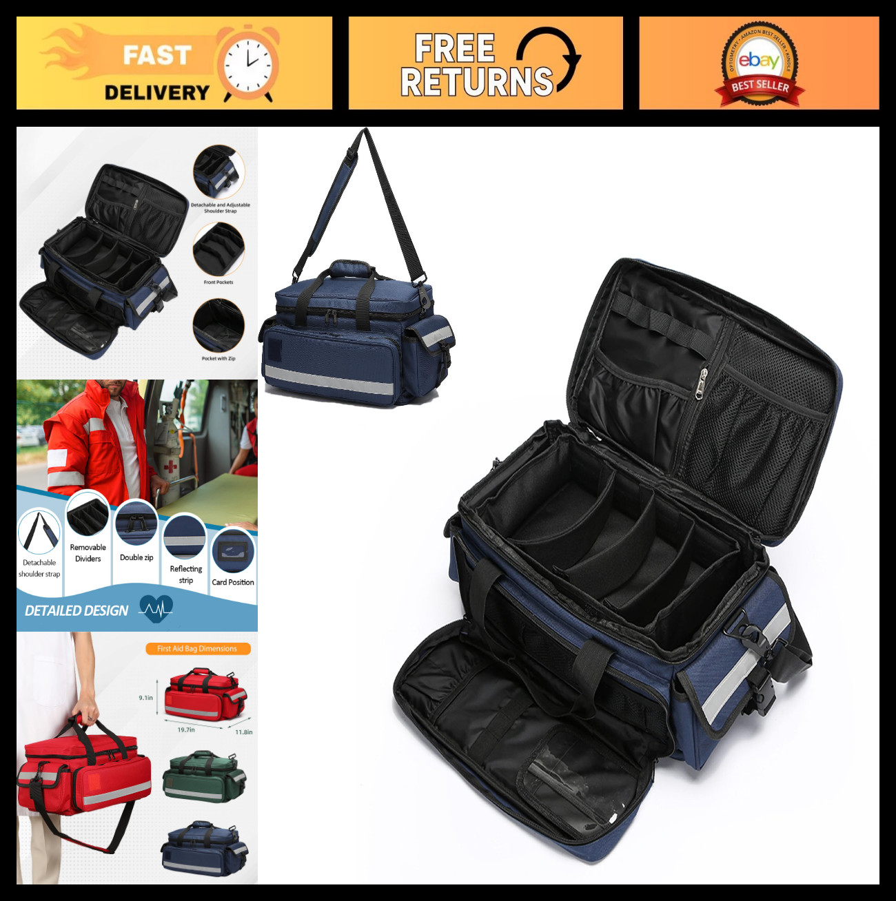 Professional First Aid Medical Bag – Emergency Organizer with Detachable Divider