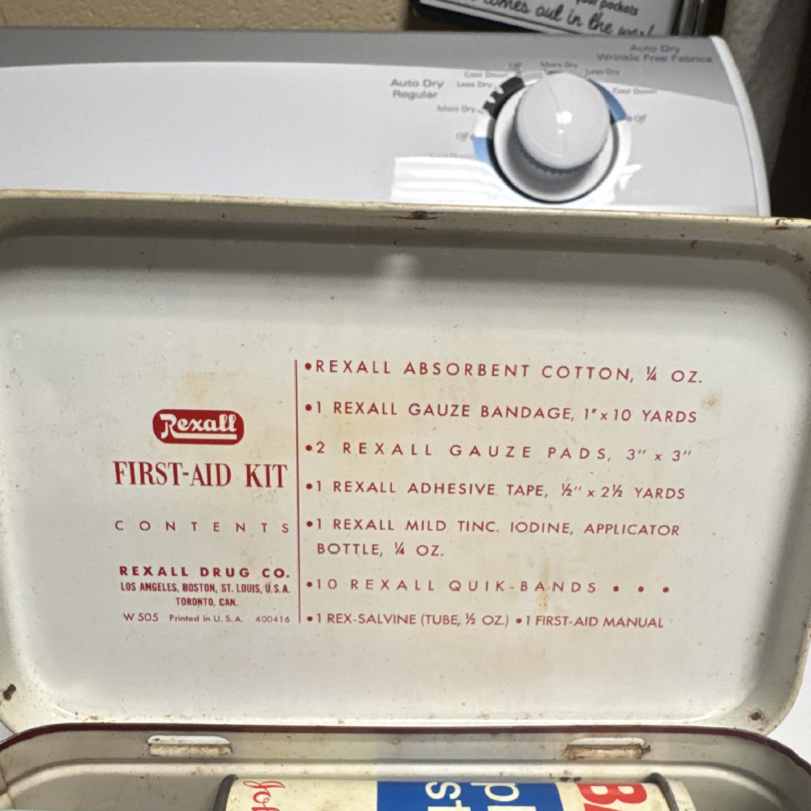 Vintage Rexall W 505 First Aid Set Red Portable Kit with Manual, Pads, Bandage