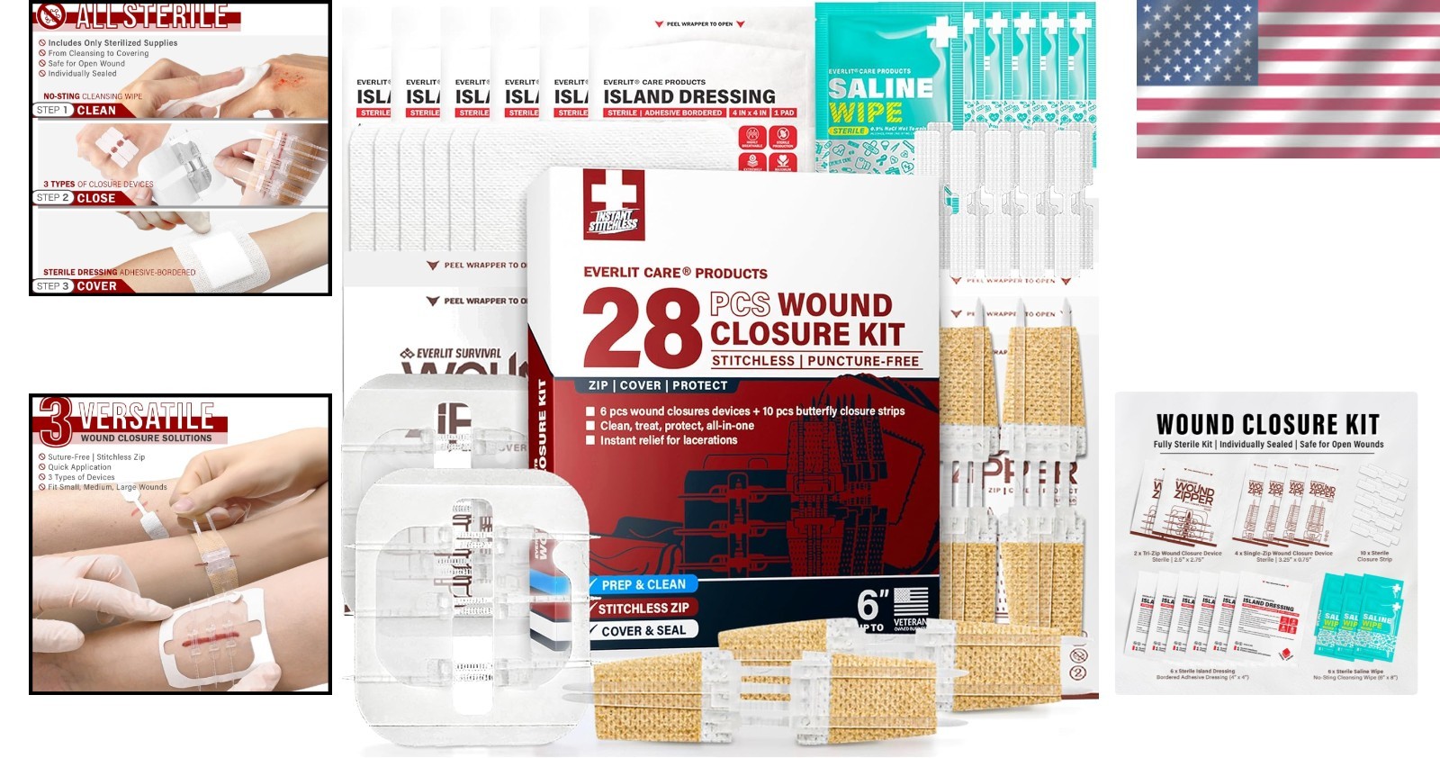 All-in-One 28 Pcs Wound Closure Kit with Suture-Free Zip Devices & Bandages