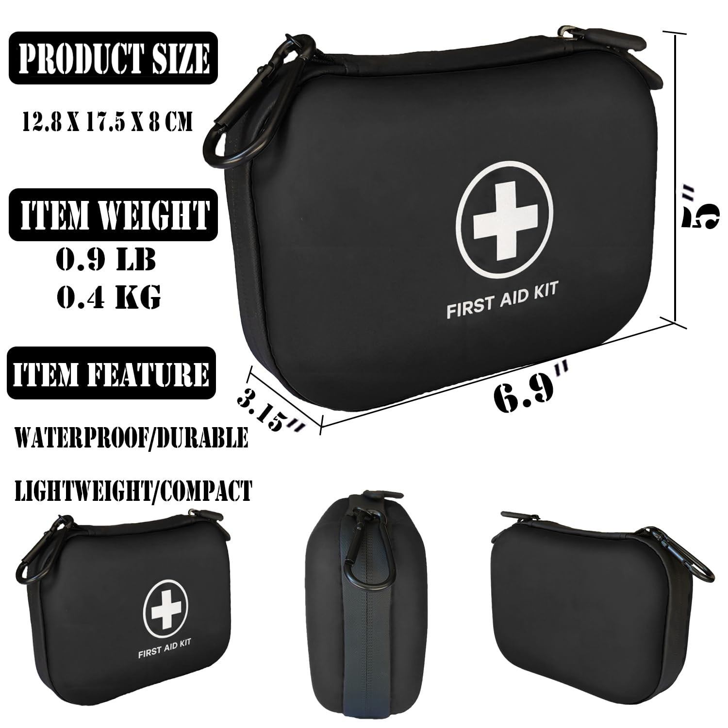 First Aid Kit 196 Piece Waterproof Medical Kit Hard Shell Portable, Black