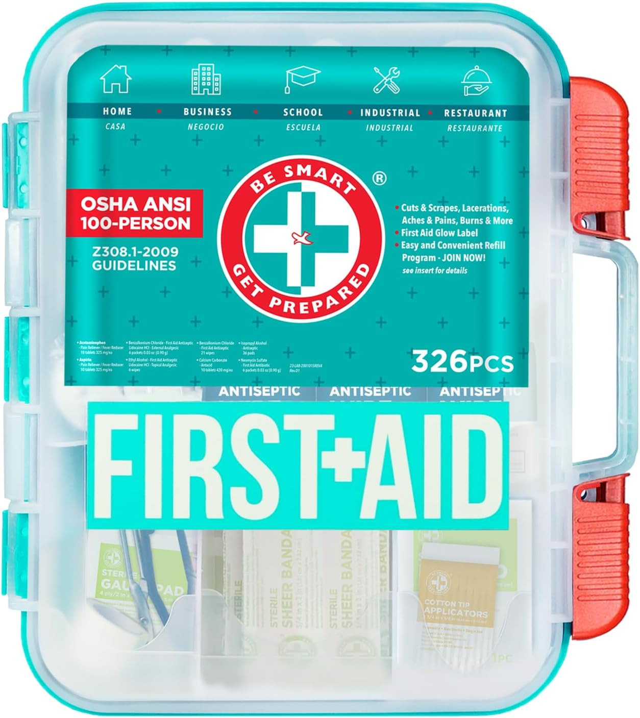 First Aid Kit, Teal, 326 Piece, Exceeds OSHA and ANSI Guidelines 100 People – Of