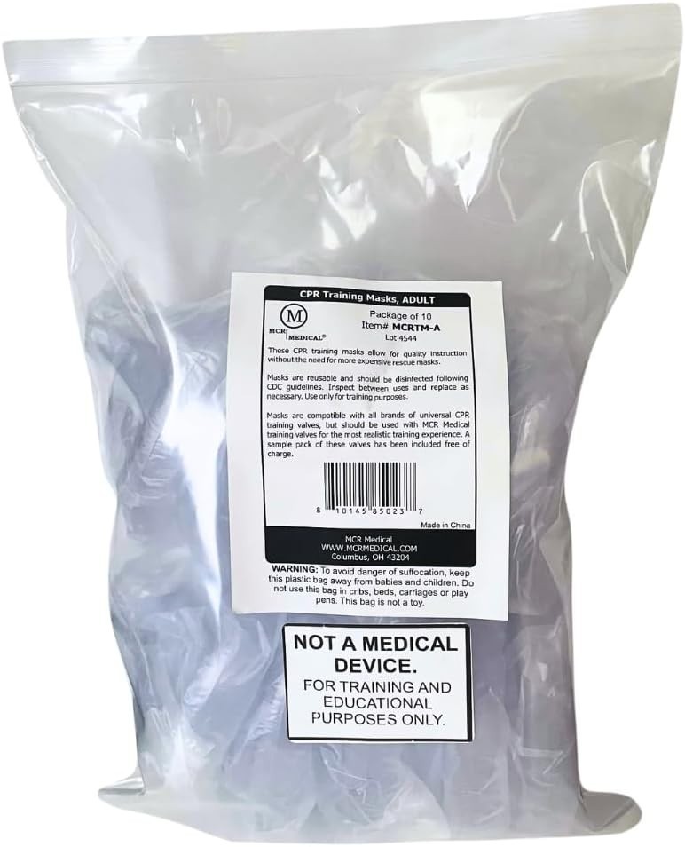 Pack of 10 Training CPR Rescue Masks, ADULT with Valves MCRTM-A