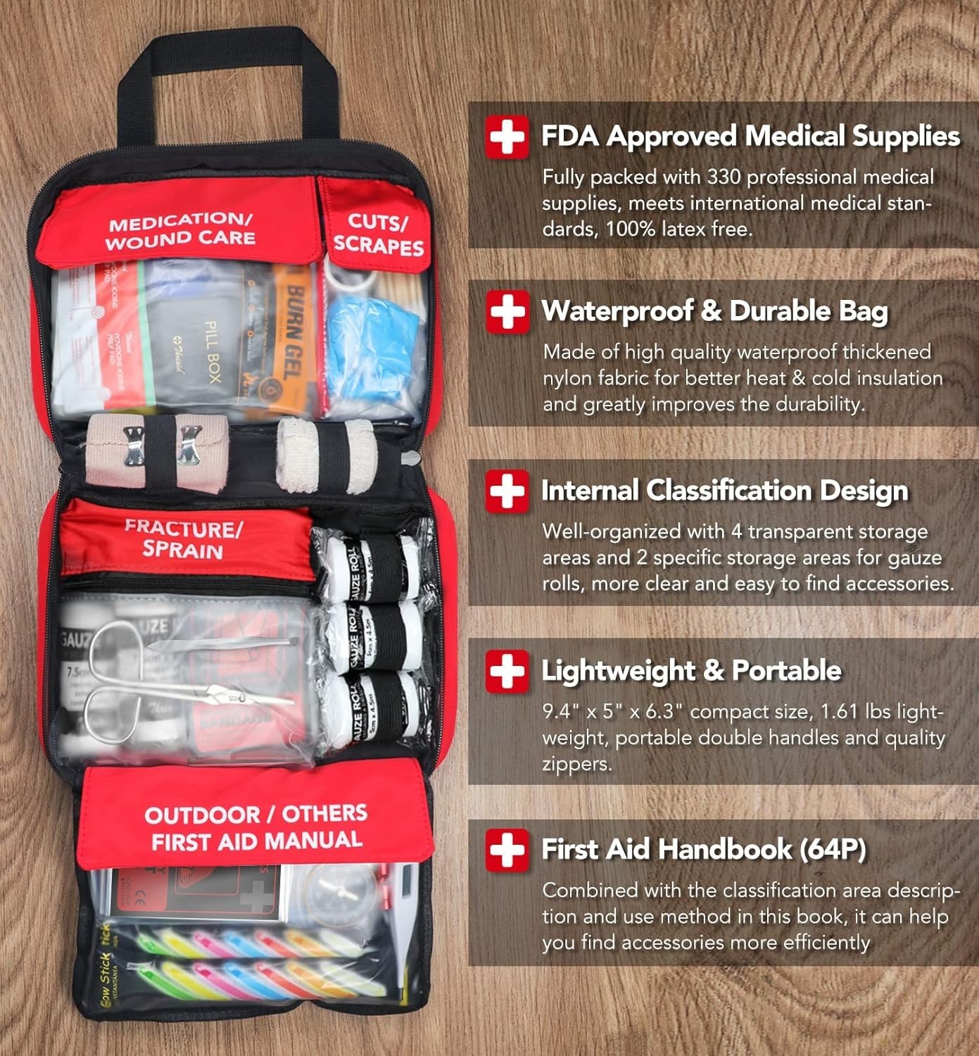 330 Piece First Aid Kit Waterproof Nylon Compact Trauma Medical Emergency Bag