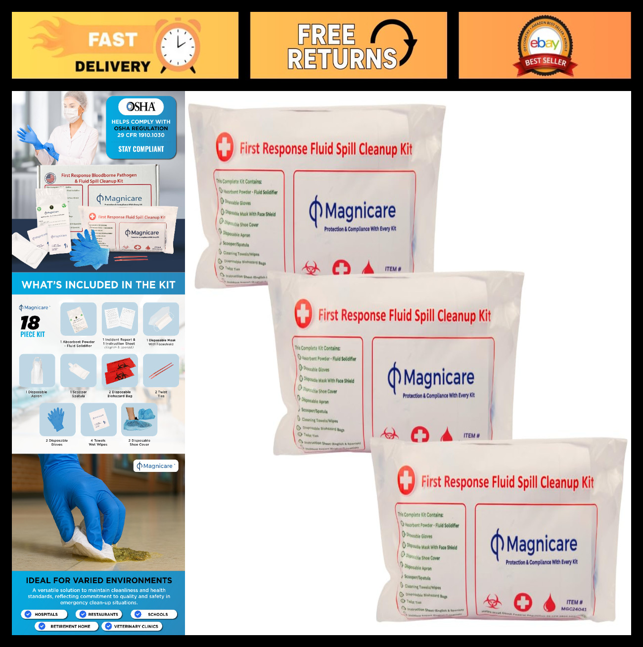 OSHA Compliant Spill Kit – Bloodborne Pathogen & Vomit Cleanup, 3 Pack for Schoo