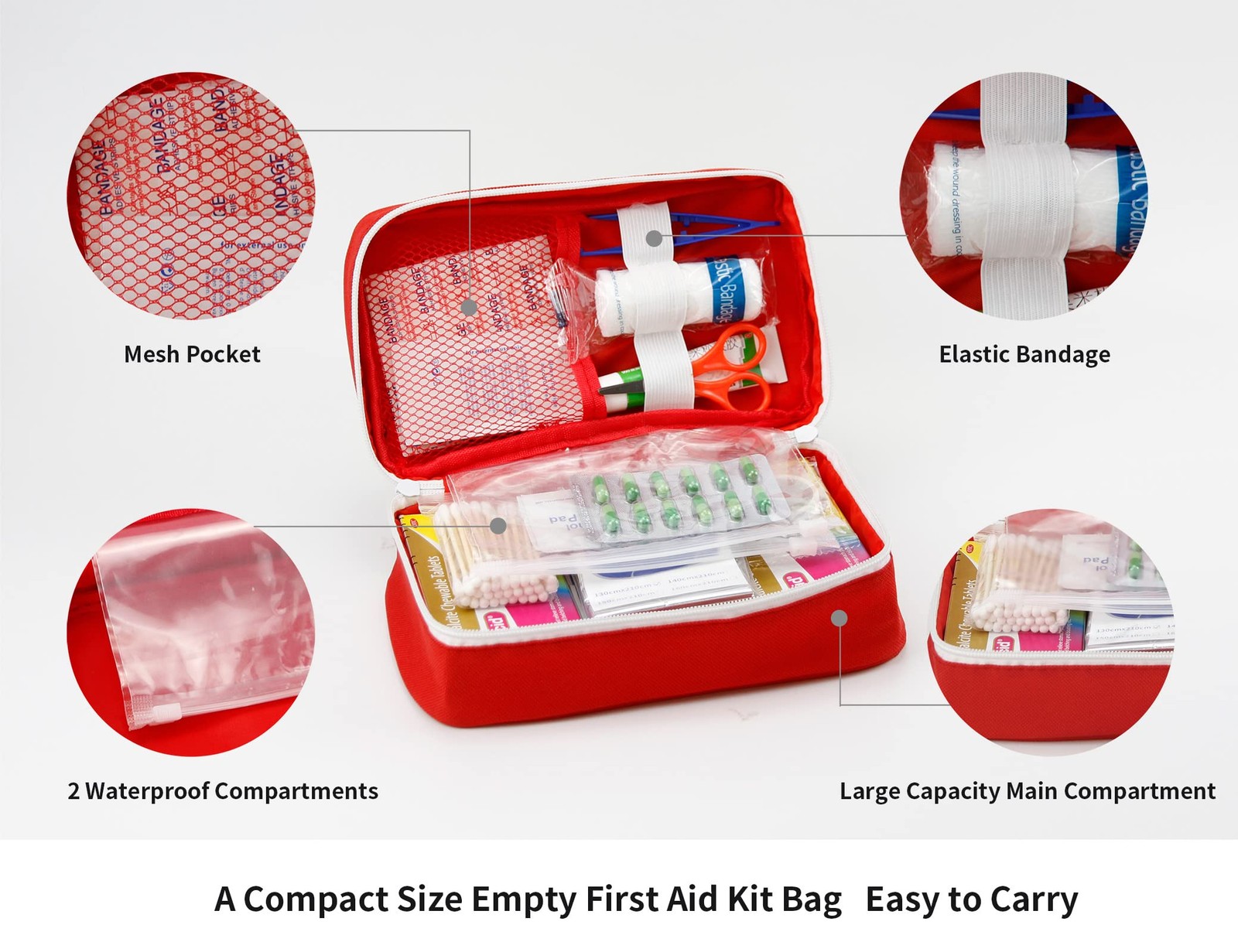 TOPASION Portable Empty First Aid Kit Bag, 9.45 x 5.5 x 3.15 inches, Red