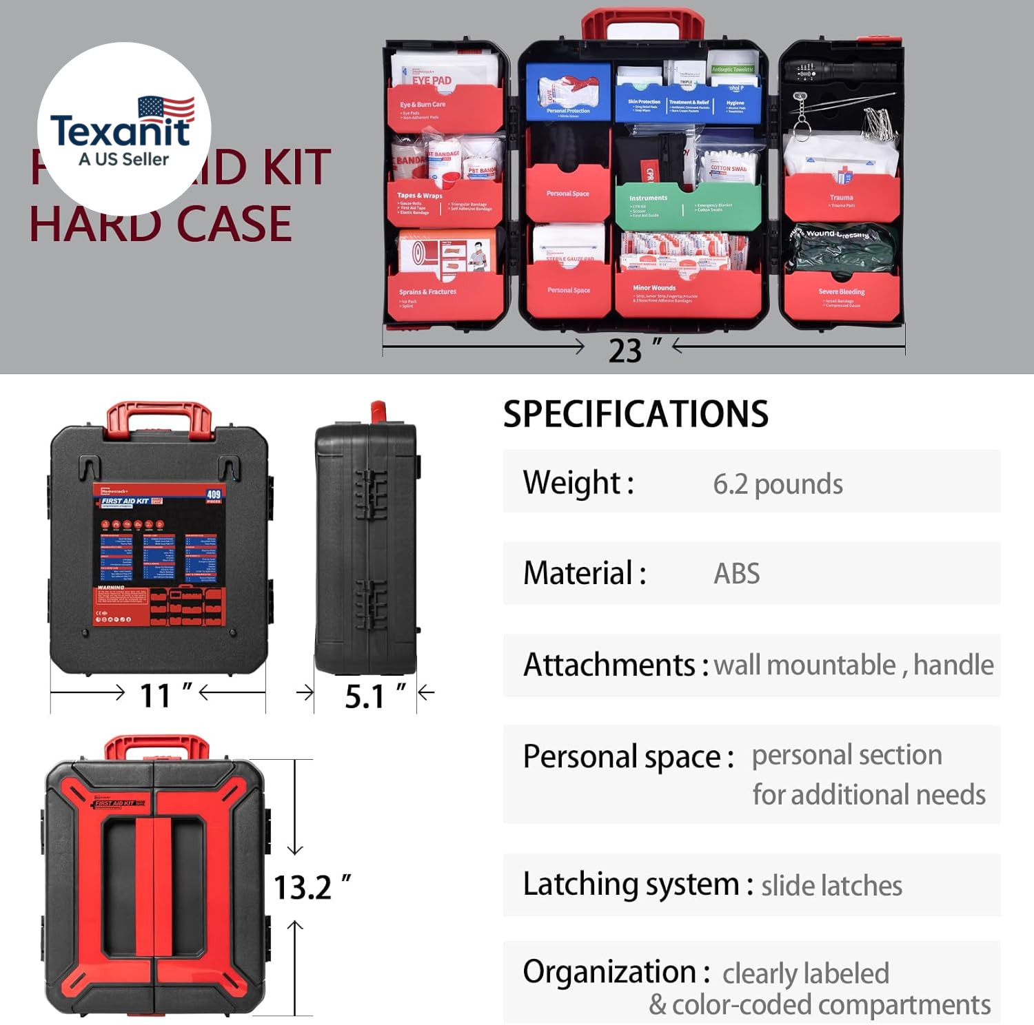 Hard Case First Aid Kit 408 Pcs – Wall Mountable Trauma Kit for Car, Home, Offic