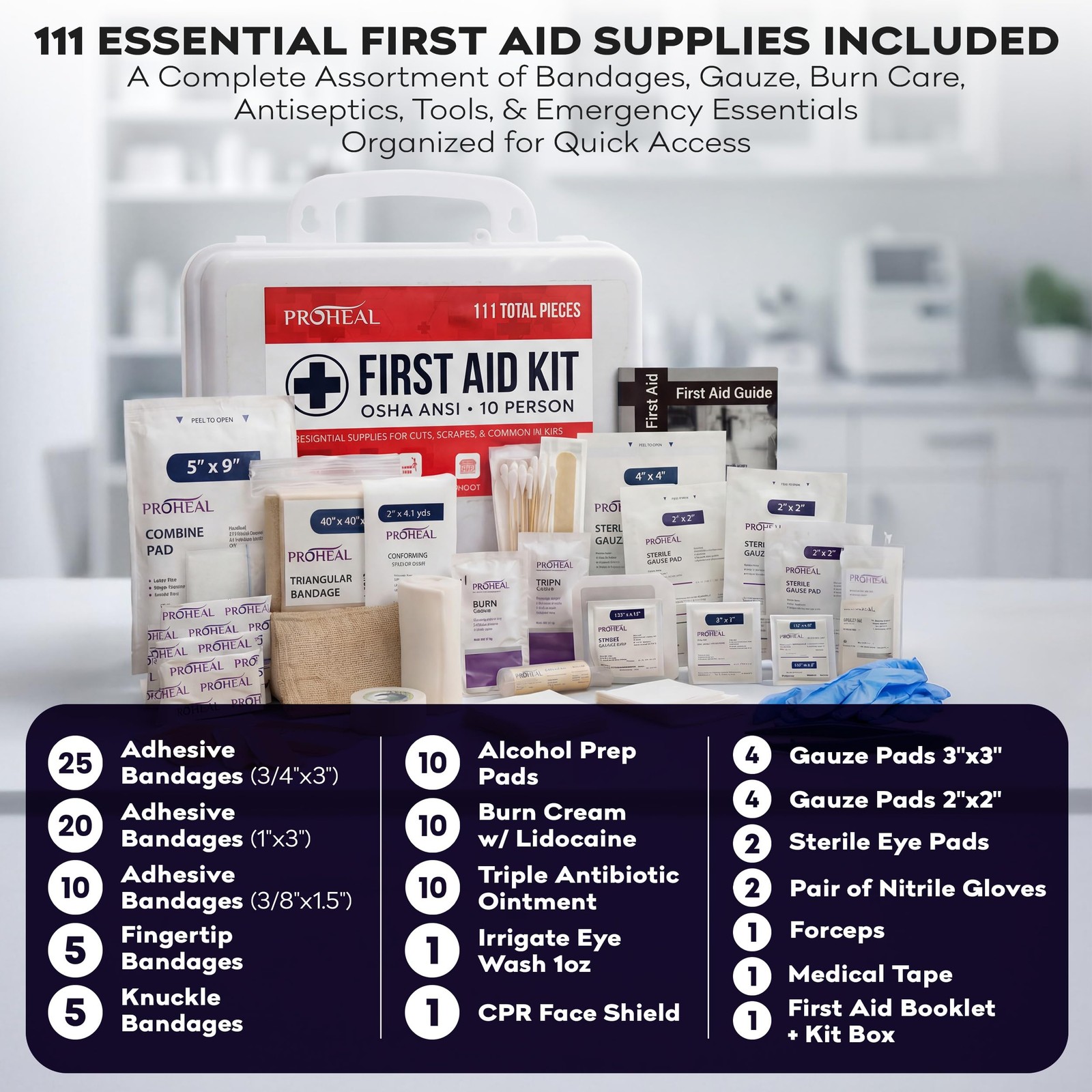 OSHA First Aid Kit 111pcs 10 Person ANSI Class A Wall Mount Emergency Latex