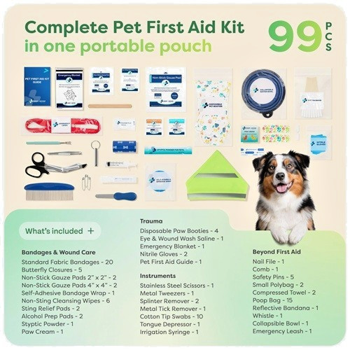 KEEP GOING PAWS 99 pc PET First Aid Kit for Home/Travel, TSA and Vet Approved