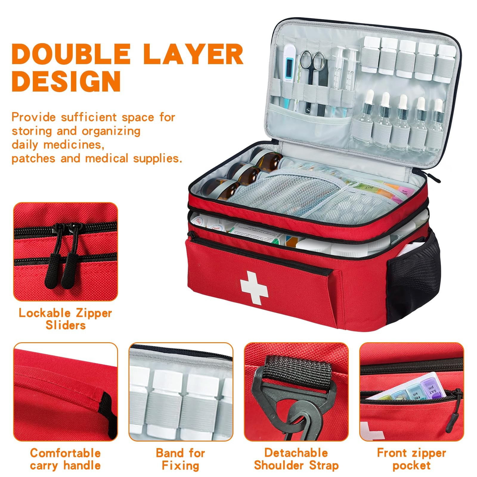 Boczif First Aid Kit, Storage Carry Bag, Red with shoulder strap