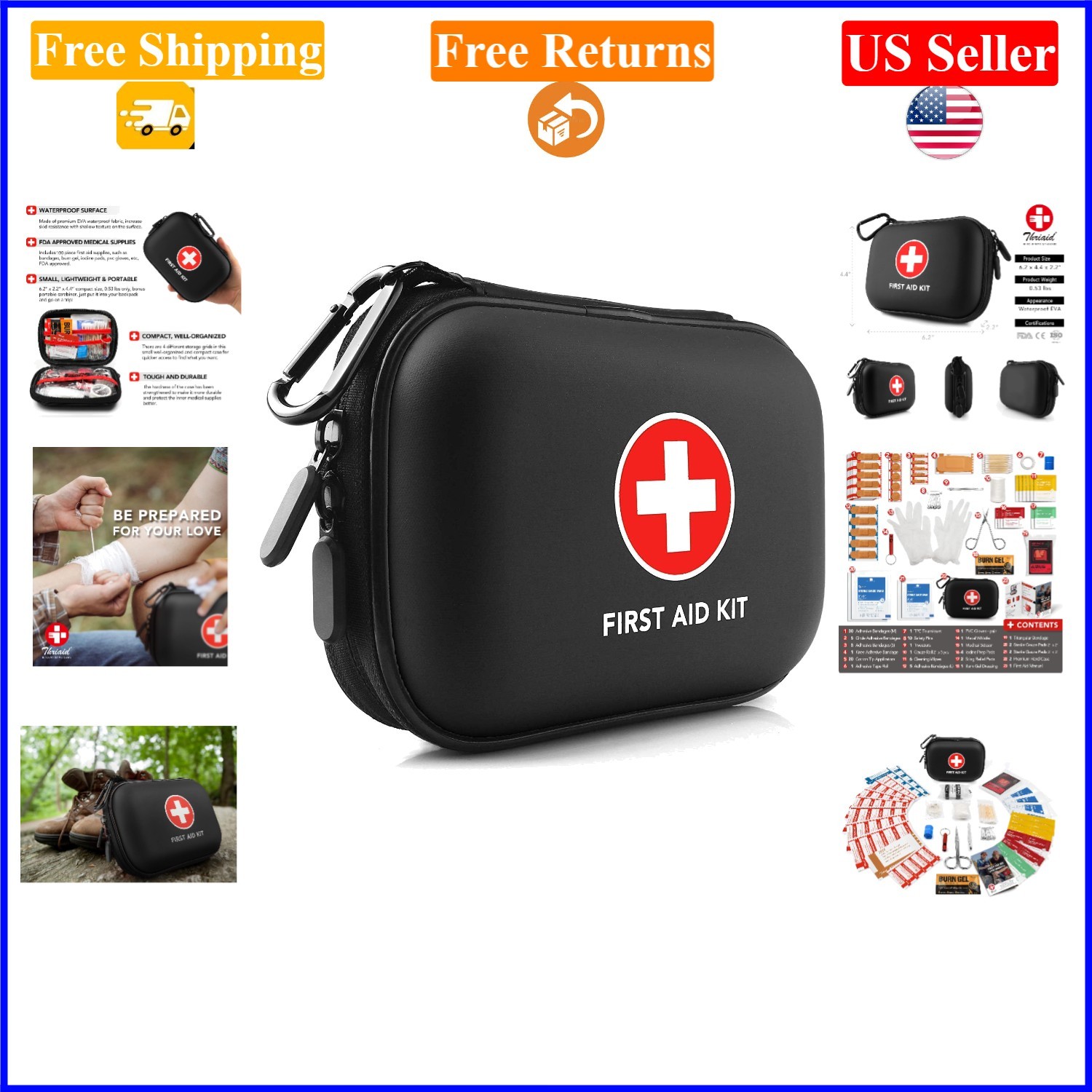 Black 100-Piece Water-Resistant Mini First Aid Kit for Travel & Outdoors