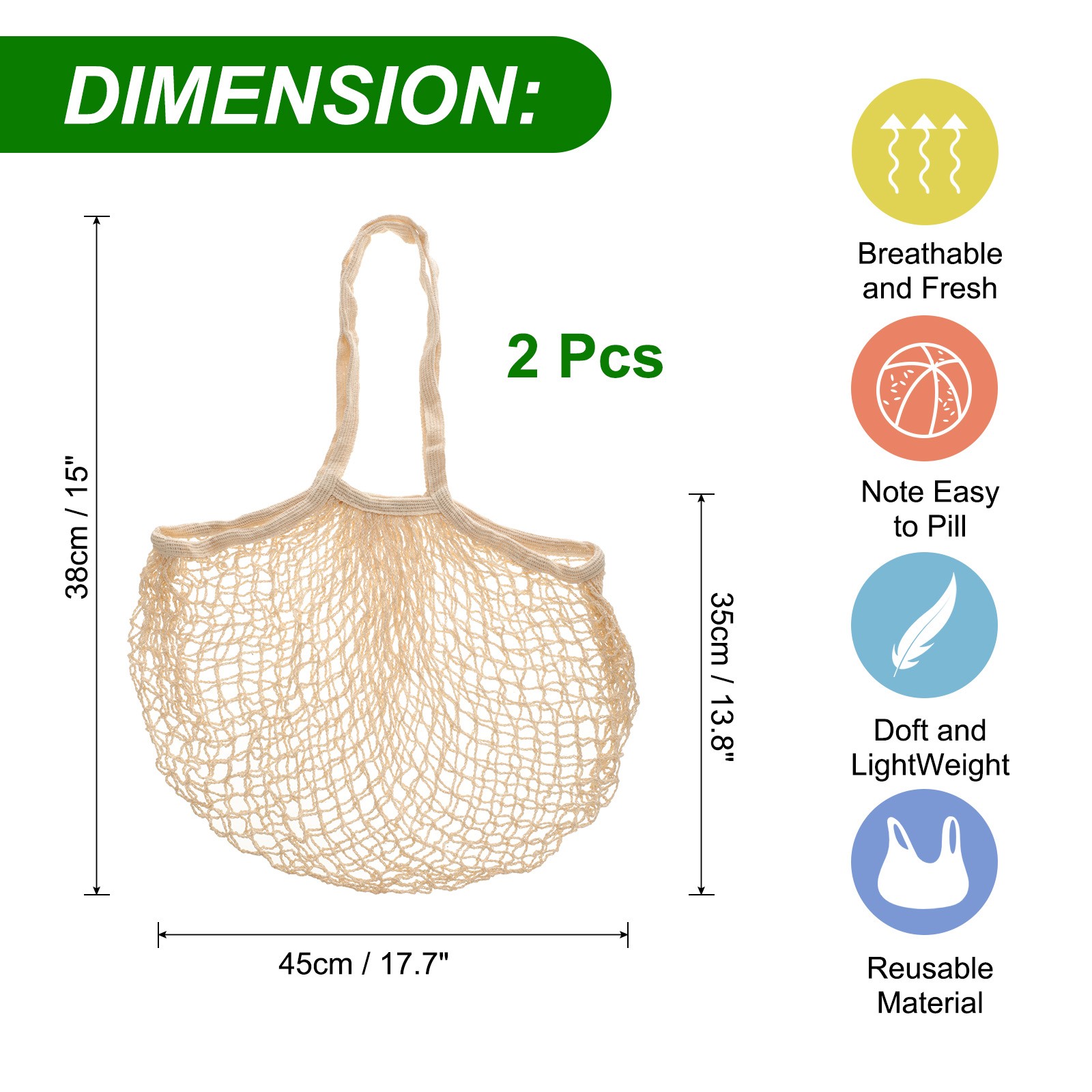 Reusable Mesh Produce Storage Bags Washable Portable Bag (Set of 2Pcs,Beige)