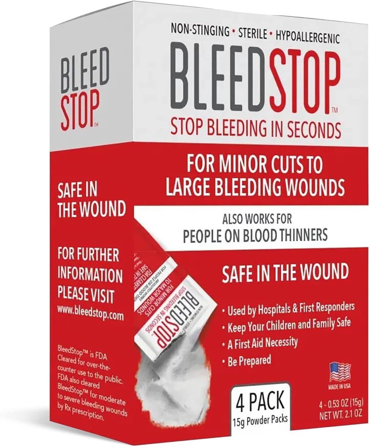 BleedStop™ First Aid Powder for Blood Clotting, Trauma Kit, 4 (15g) Pouches