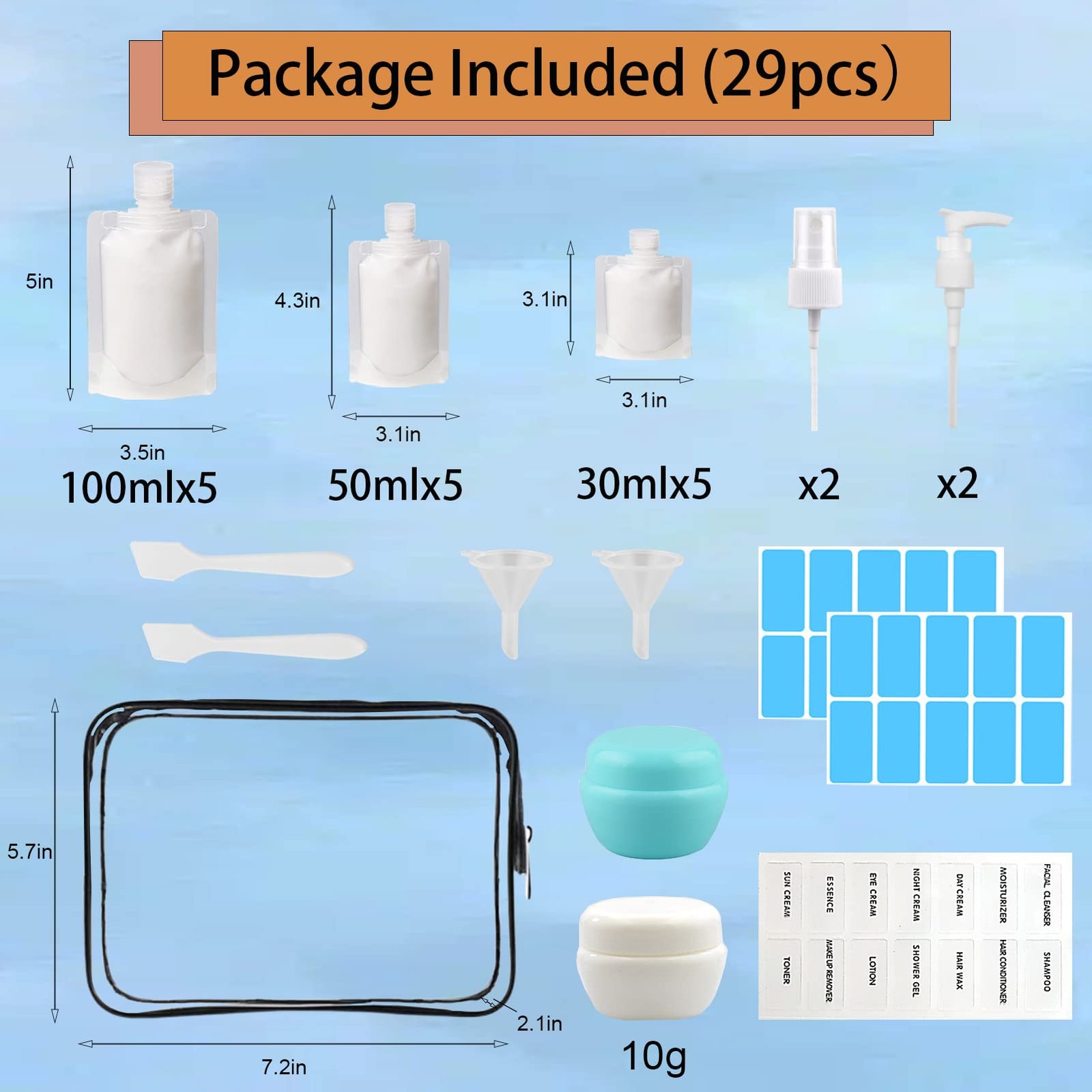 29 PCS Travel Size Refillable Empty Squeeze Pouch TSA Approved 29Pcs, Clear