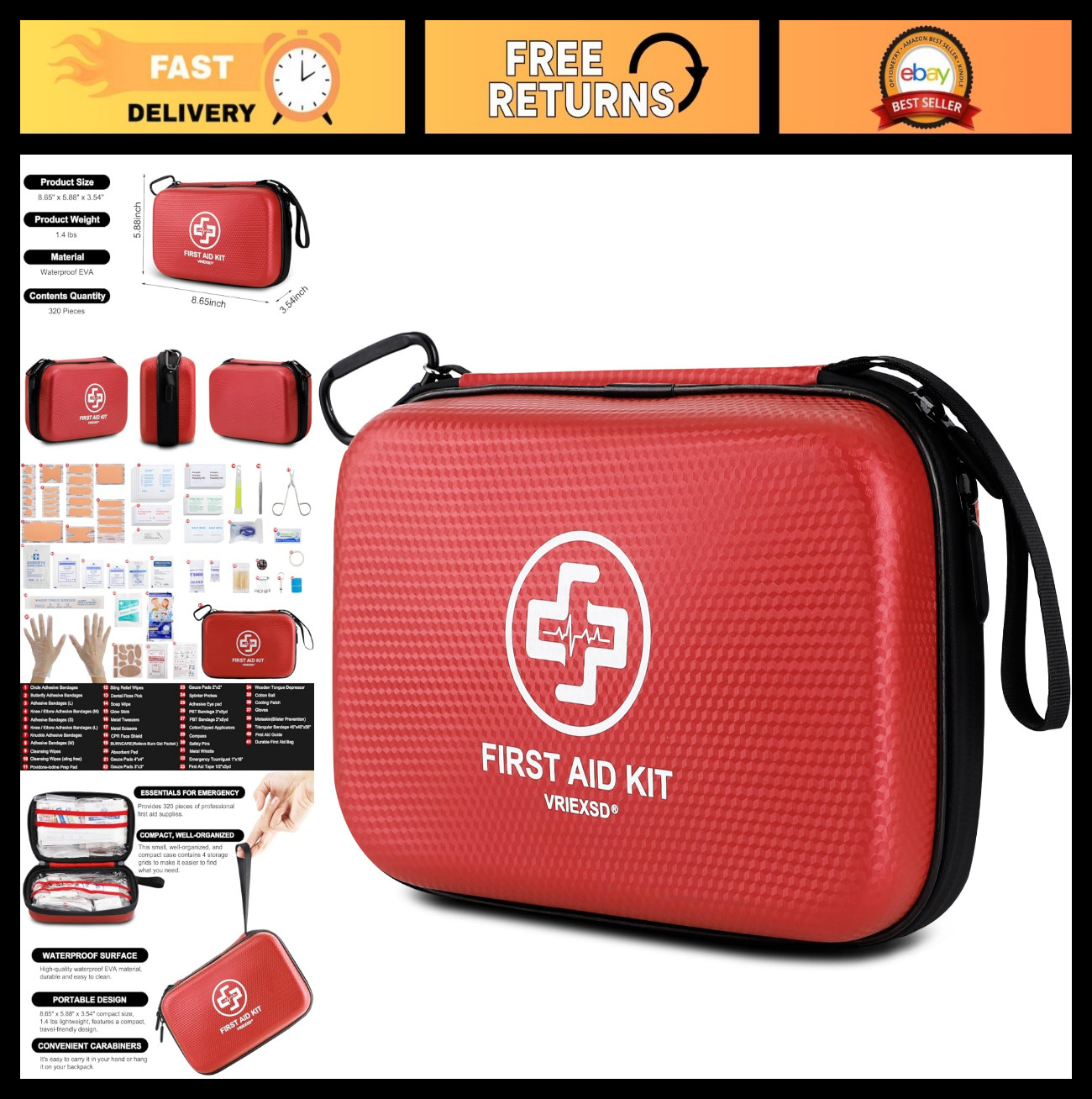 320-Piece Waterproof First Aid Kit – Hard Shell for Home, Camping, Travel & Emer