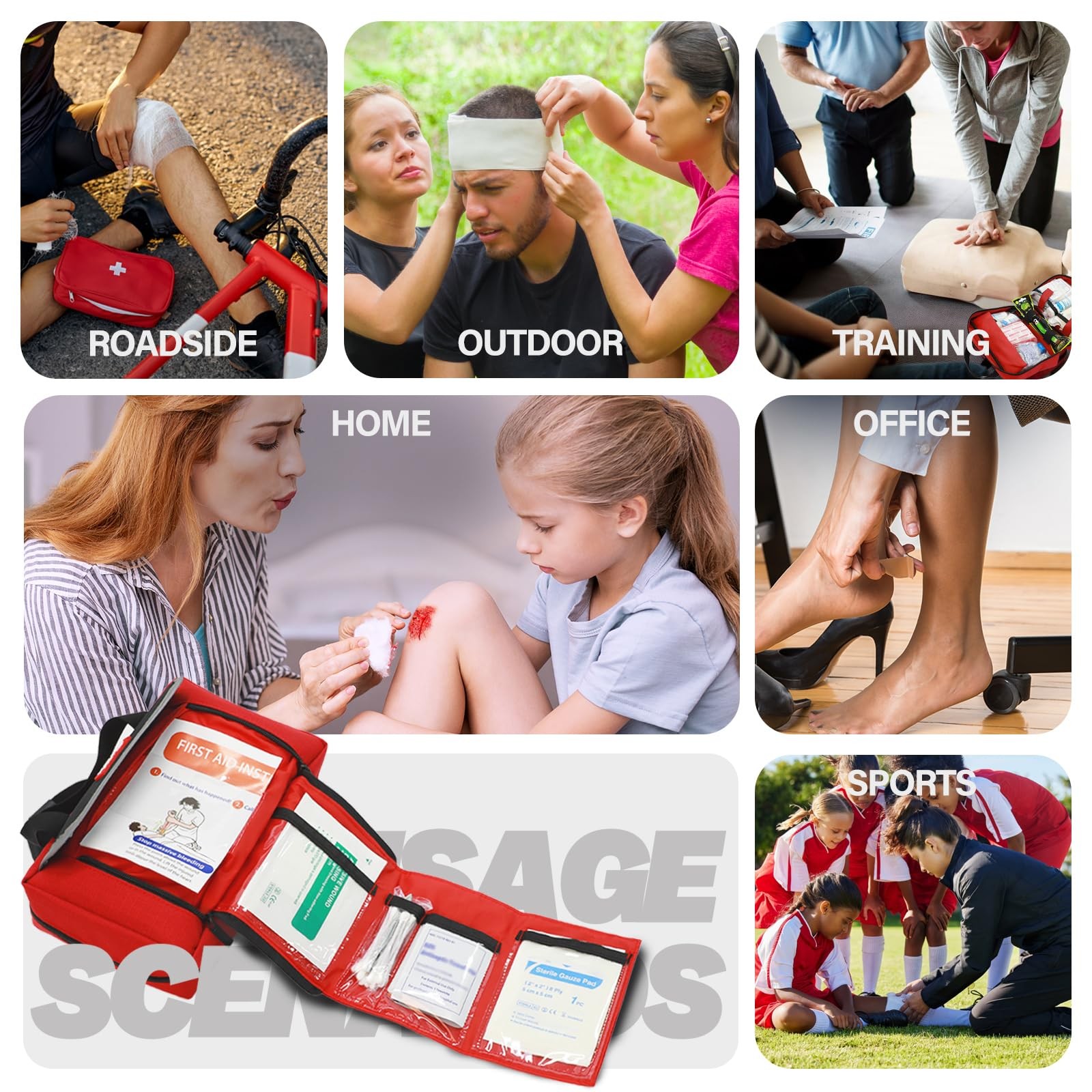 First Aid Kit – Waterproof Compact Small Emergency Medical 218 PCS, Red