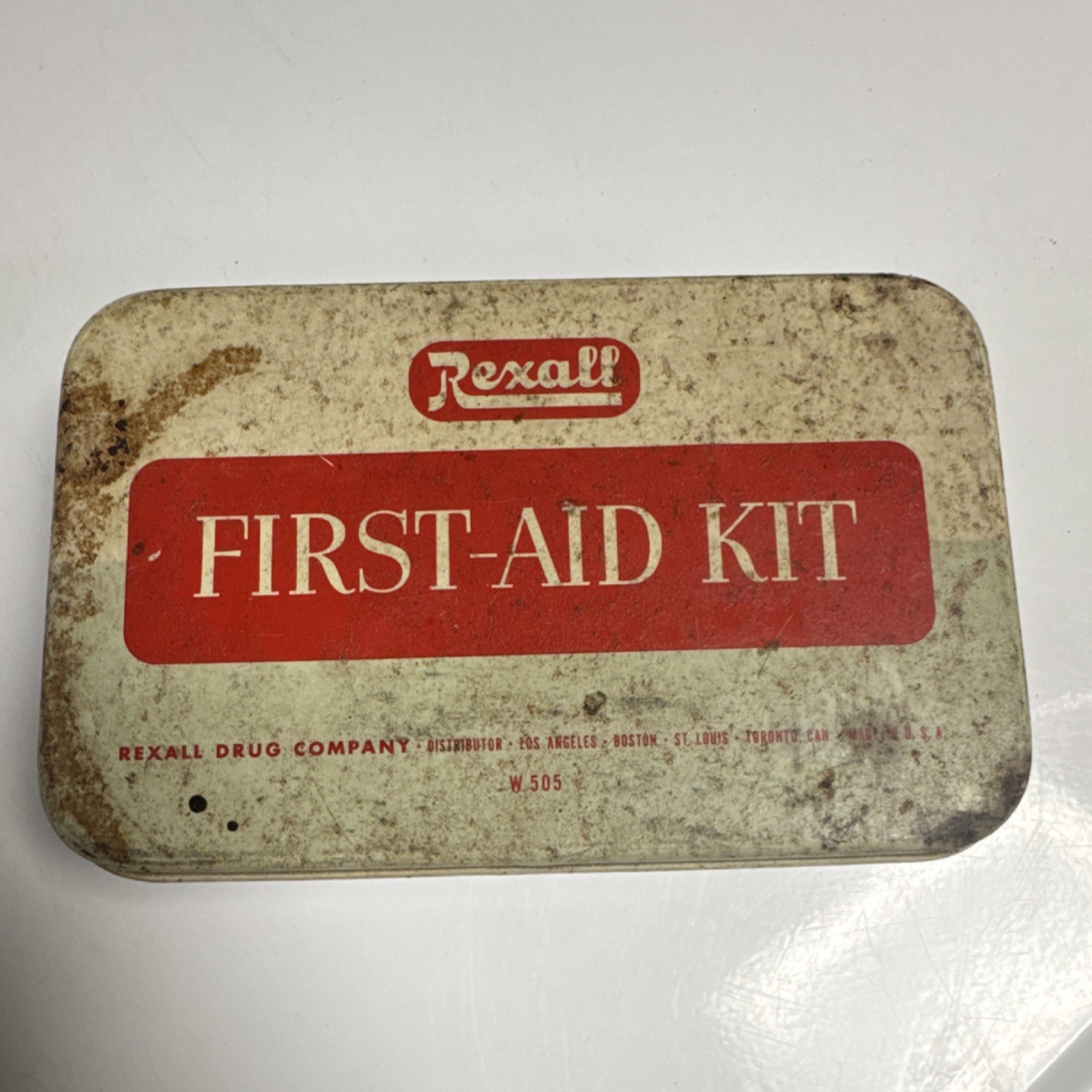 Vintage Rexall W 505 First Aid Set Red Portable Kit with Manual, Pads, Bandage