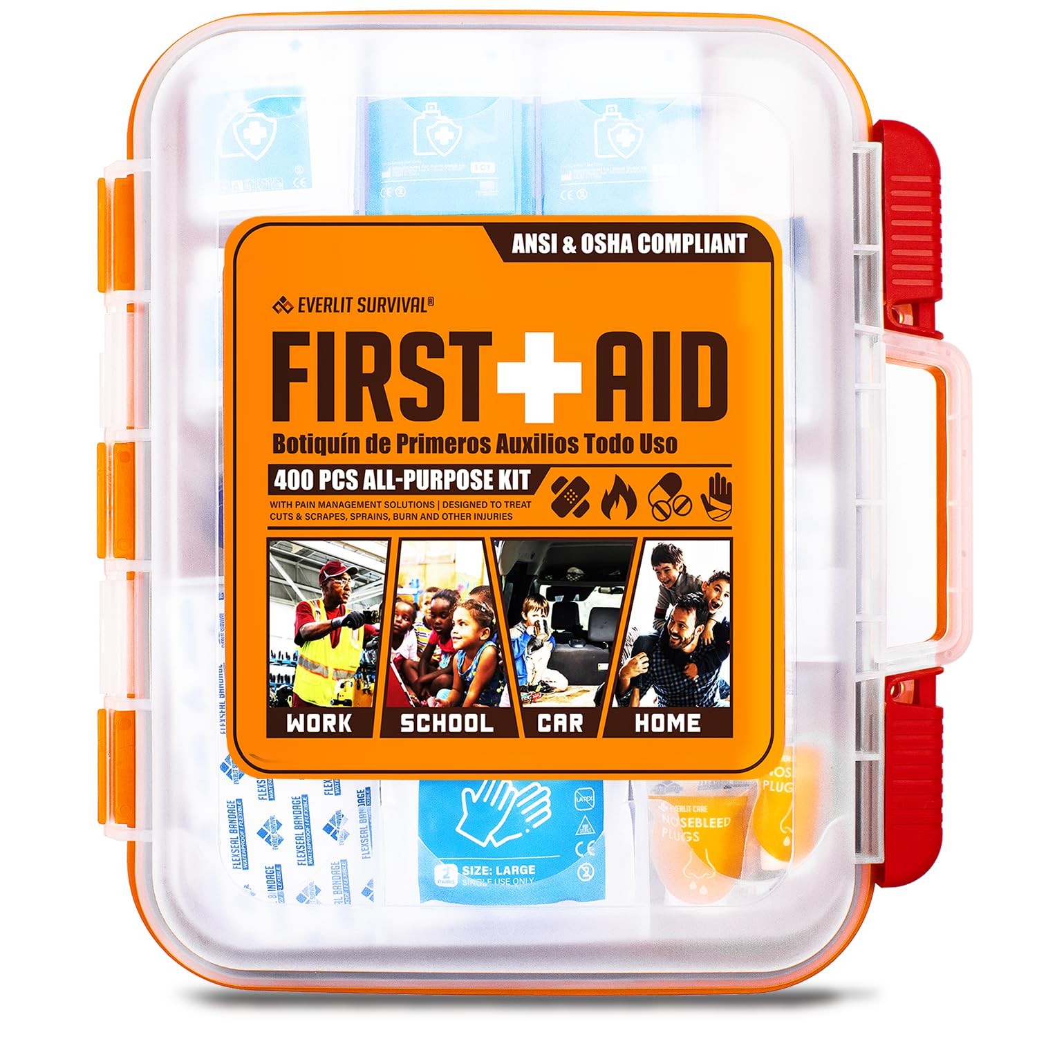 EVERLIT 400 Pcs OSHA Compliant First Aid Kit, Wall-Mountable Essential Clear